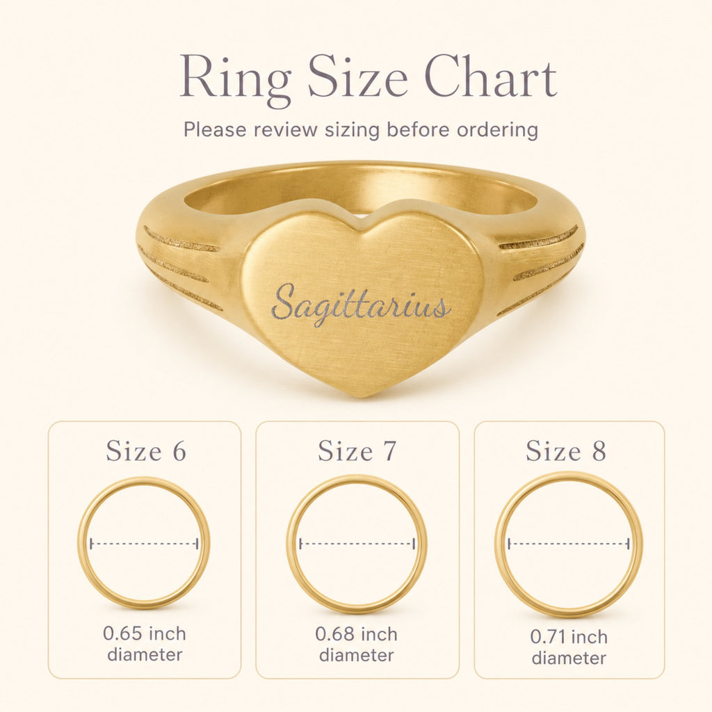 Sagittarius zodiac heart signet ring size chart — sizes 6, 7, 8 with 0.65/0.68/0.71 inch diameter reference
