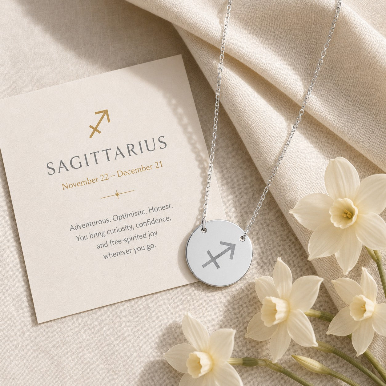 Sagittarius zodiac coin necklace — engraved star sign pendant. Memory That Lasts.