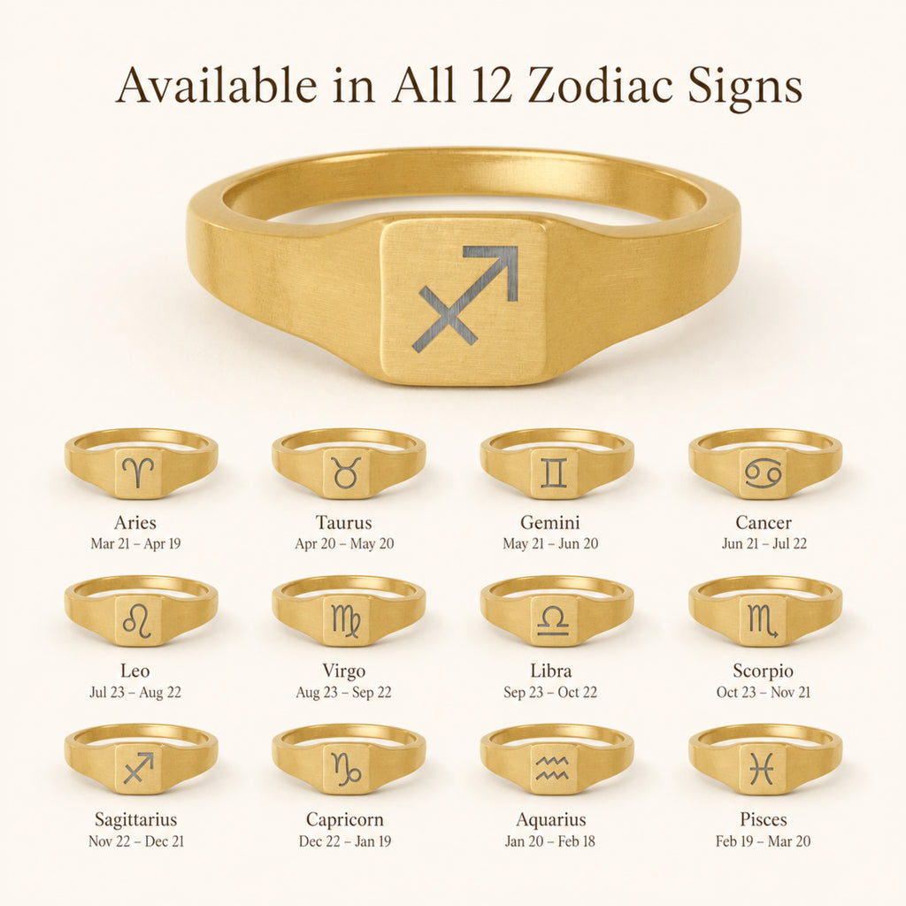 Sagittarius zodiac square signet ring — available in all 12 zodiac signs, variant grid with date ranges