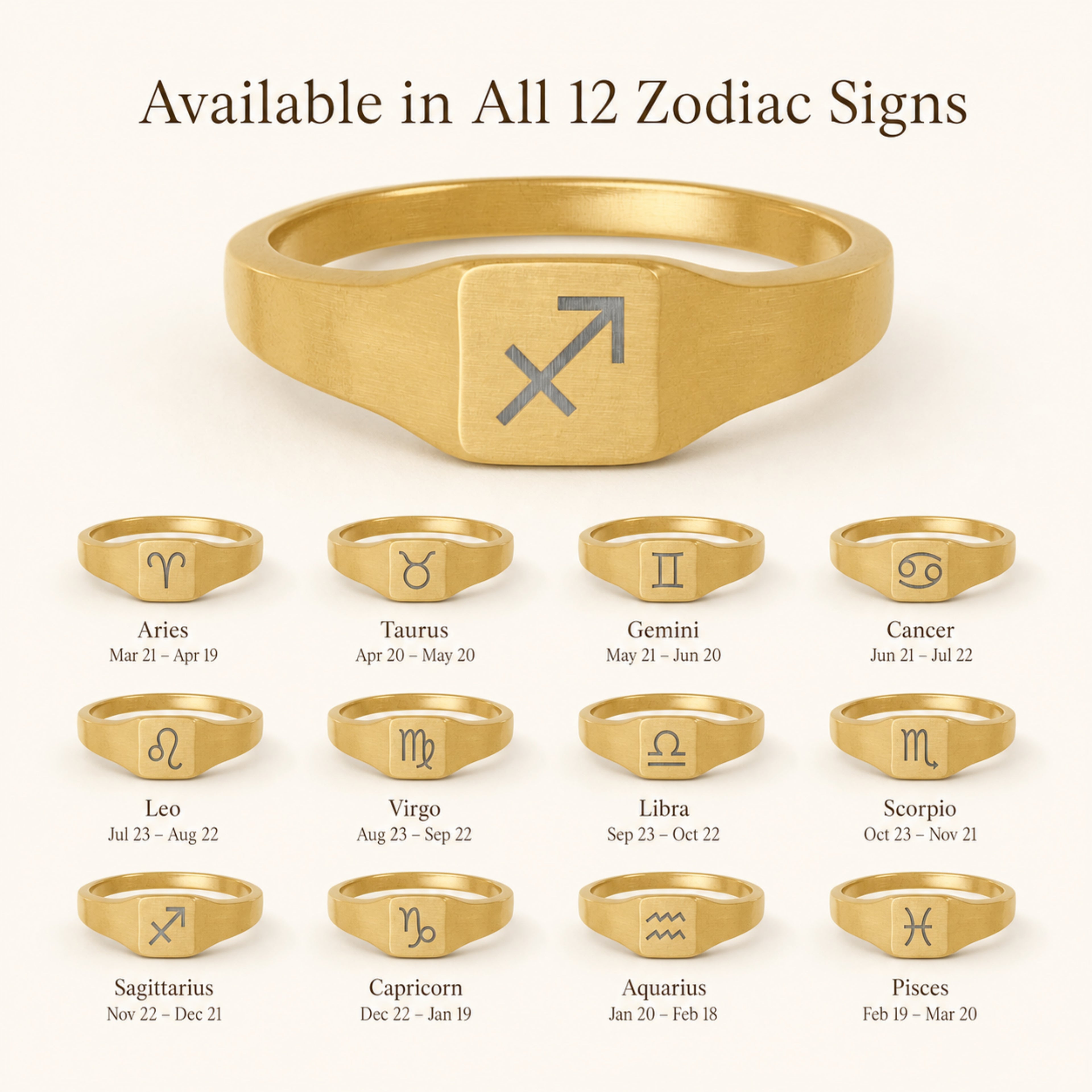Sagittarius zodiac square signet ring — available in all 12 zodiac signs, variant grid with date ranges