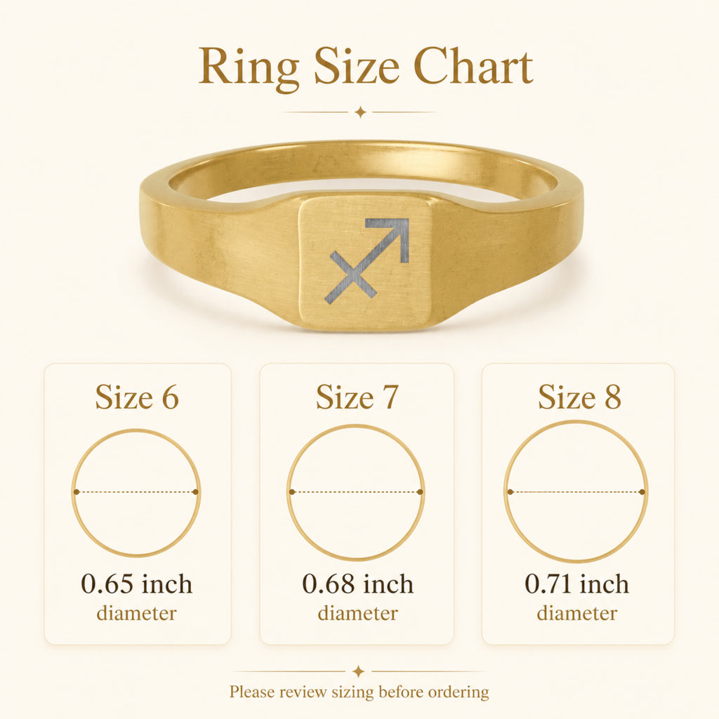 Sagittarius zodiac square signet ring size chart — sizes 6, 7, 8 with 0.65/0.68/0.71 inch diameter reference