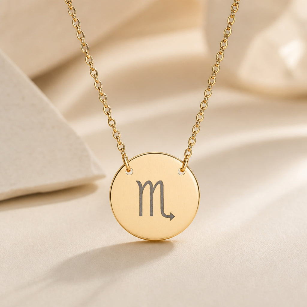 Scorpio Coin Gold zodiac necklace flatlay — 18K gold pendant engraved with Scorpio Scorpion star sign on cream silk, premium personalized astrology necklace gift for November birthday, Scorpio woman, mother, daughter