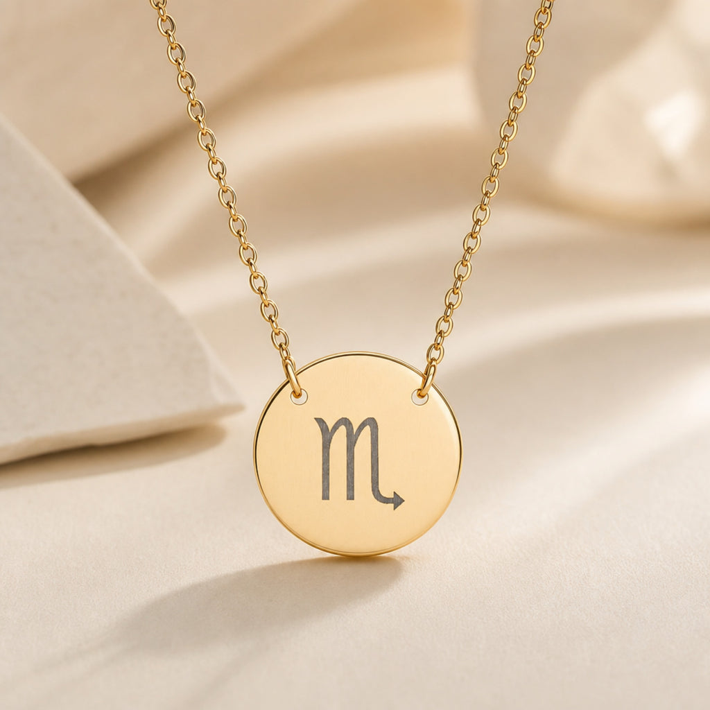 Scorpio Coin Gold necklace close-up detail — macro of laser-engraved Scorpio Scorpion glyph on polished 18K gold disc pendant, fine engraving detail, personalized zodiac astrology jewelry gift
