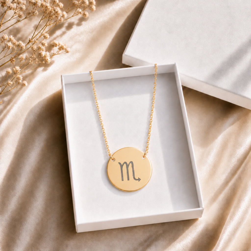 Scorpio Coin Gold zodiac necklace in signature gift box — 18K gold Scorpio Scorpion engraved pendant ready to gift, premium packaging for birthday, Mother's Day, anniversary, November Scorpio present