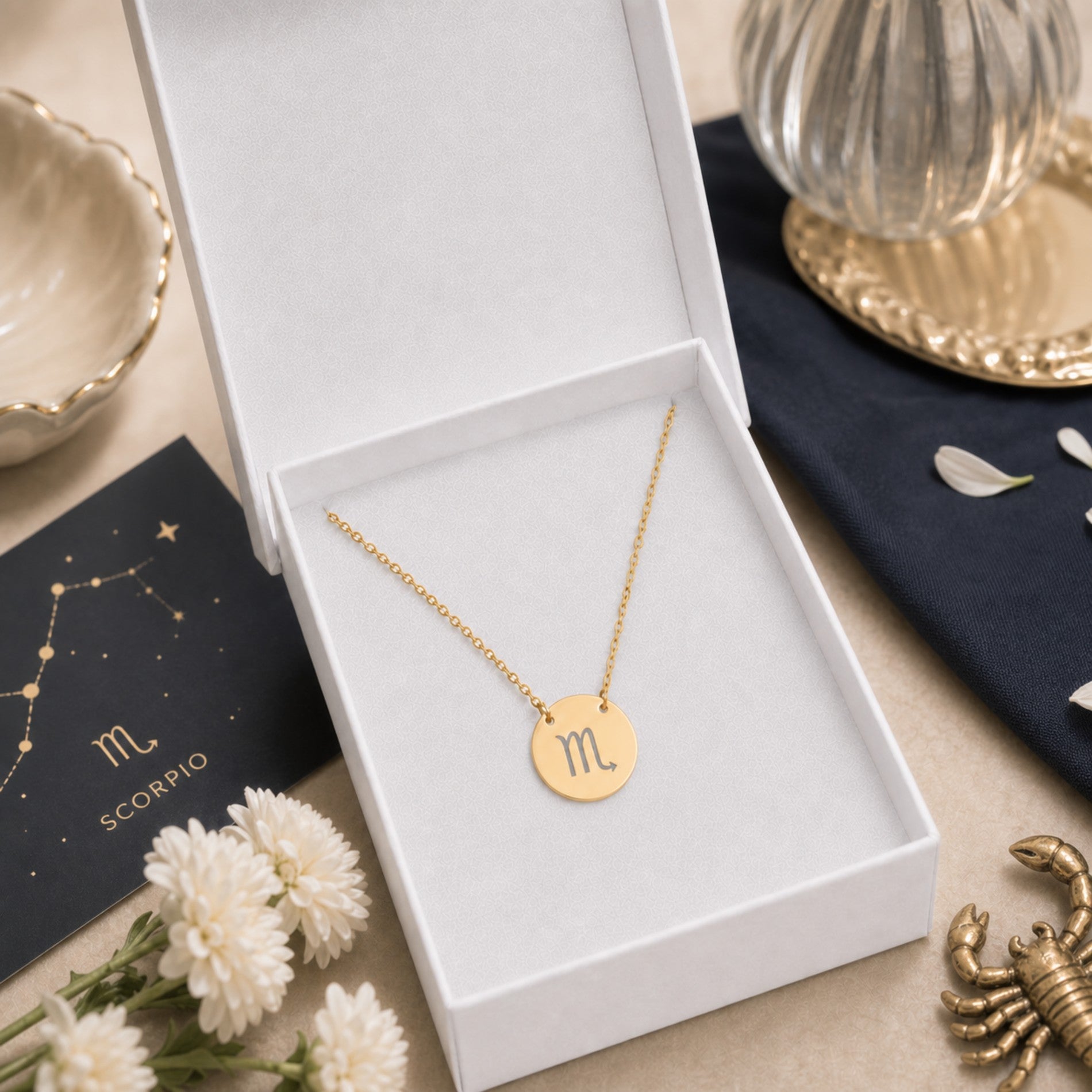 Scorpio zodiac coin necklace presented in a luxe gift box — ready to give (AI-generated image). Memory That Lasts.