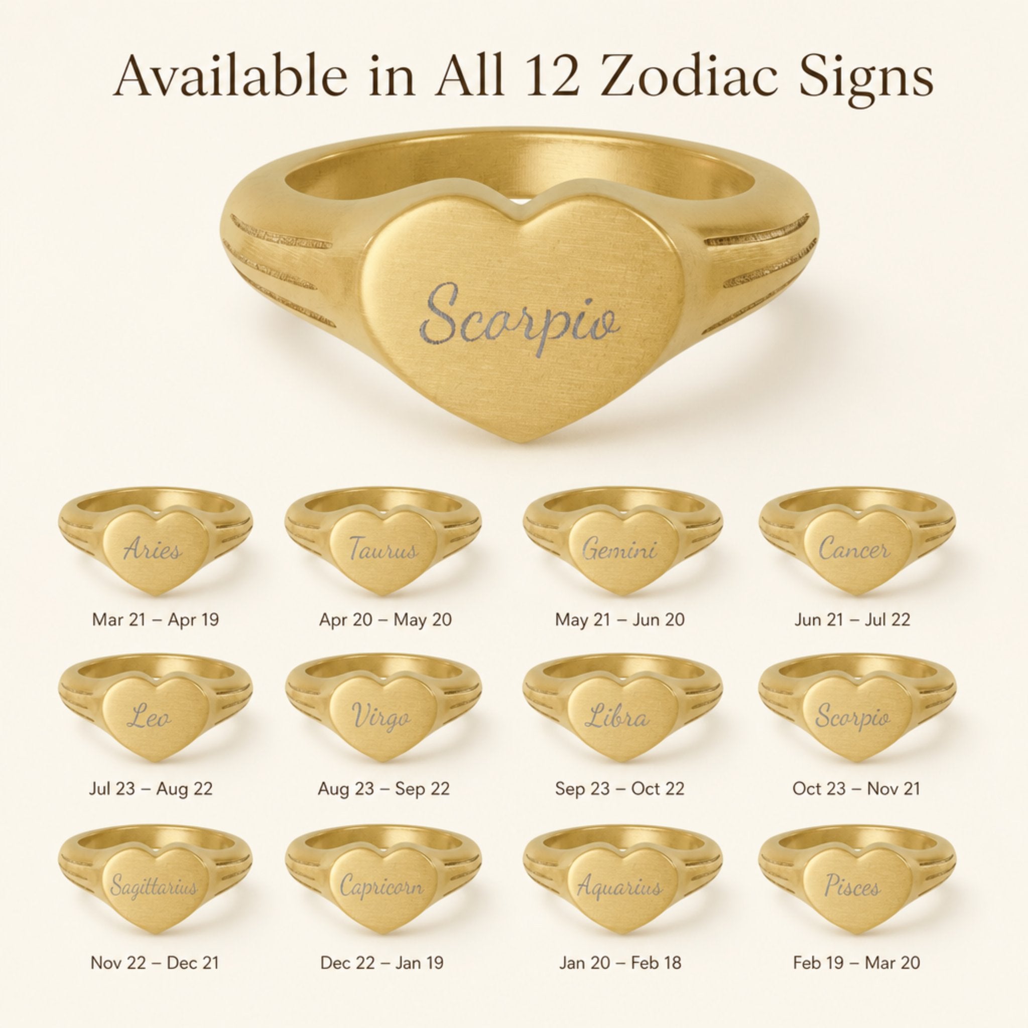 Scorpio zodiac heart signet ring — available in all 12 zodiac signs, variant grid with date ranges