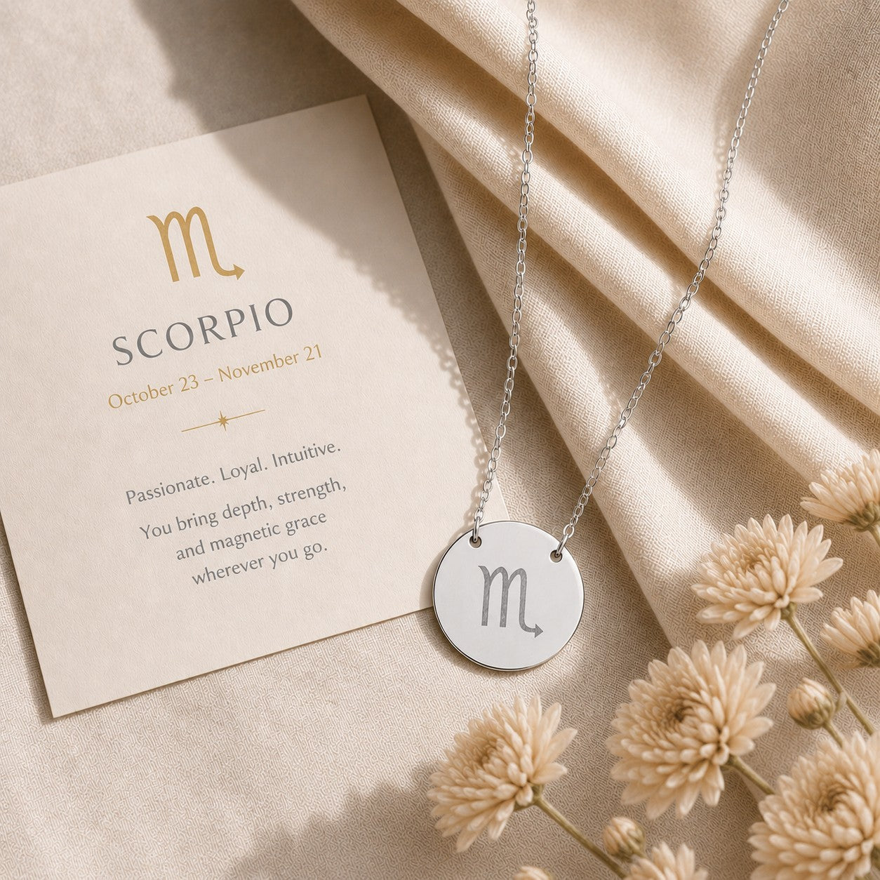 Scorpio zodiac coin necklace — engraved star sign pendant. Memory That Lasts.