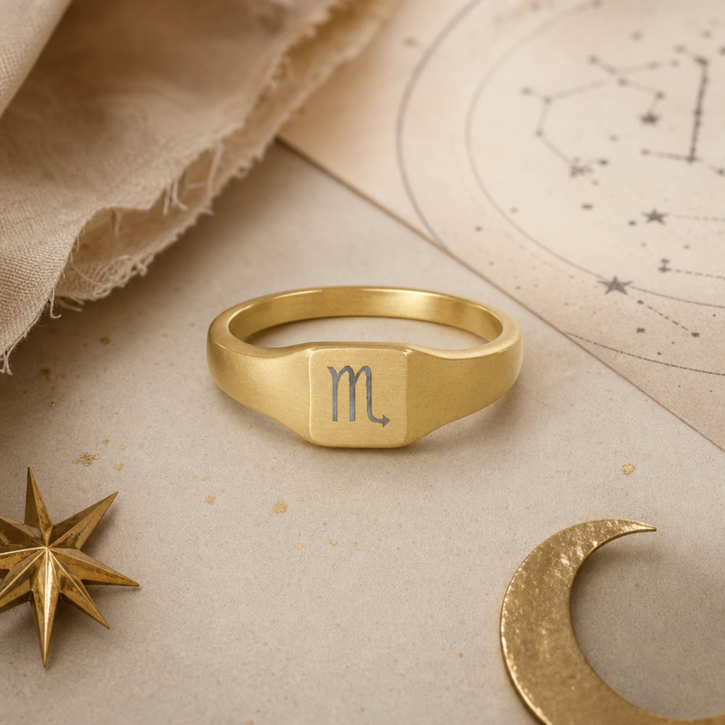 Scorpio zodiac square signet ring celestial flatlay — zodiac chart and brass star with engraved Scorpio signet, astrology gift styling