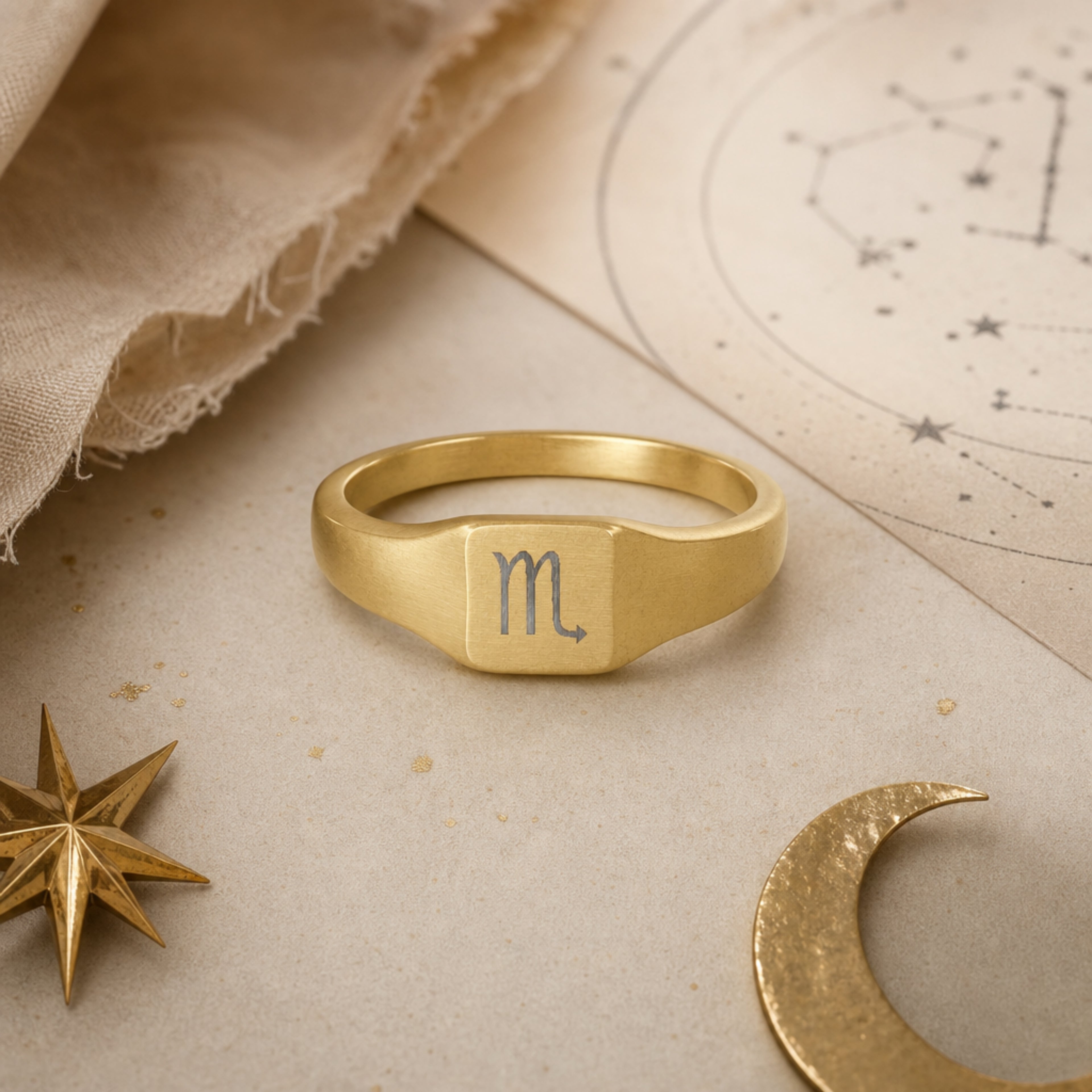 Scorpio zodiac square signet ring celestial flatlay — zodiac chart and brass star with engraved Scorpio signet, astrology gift styling