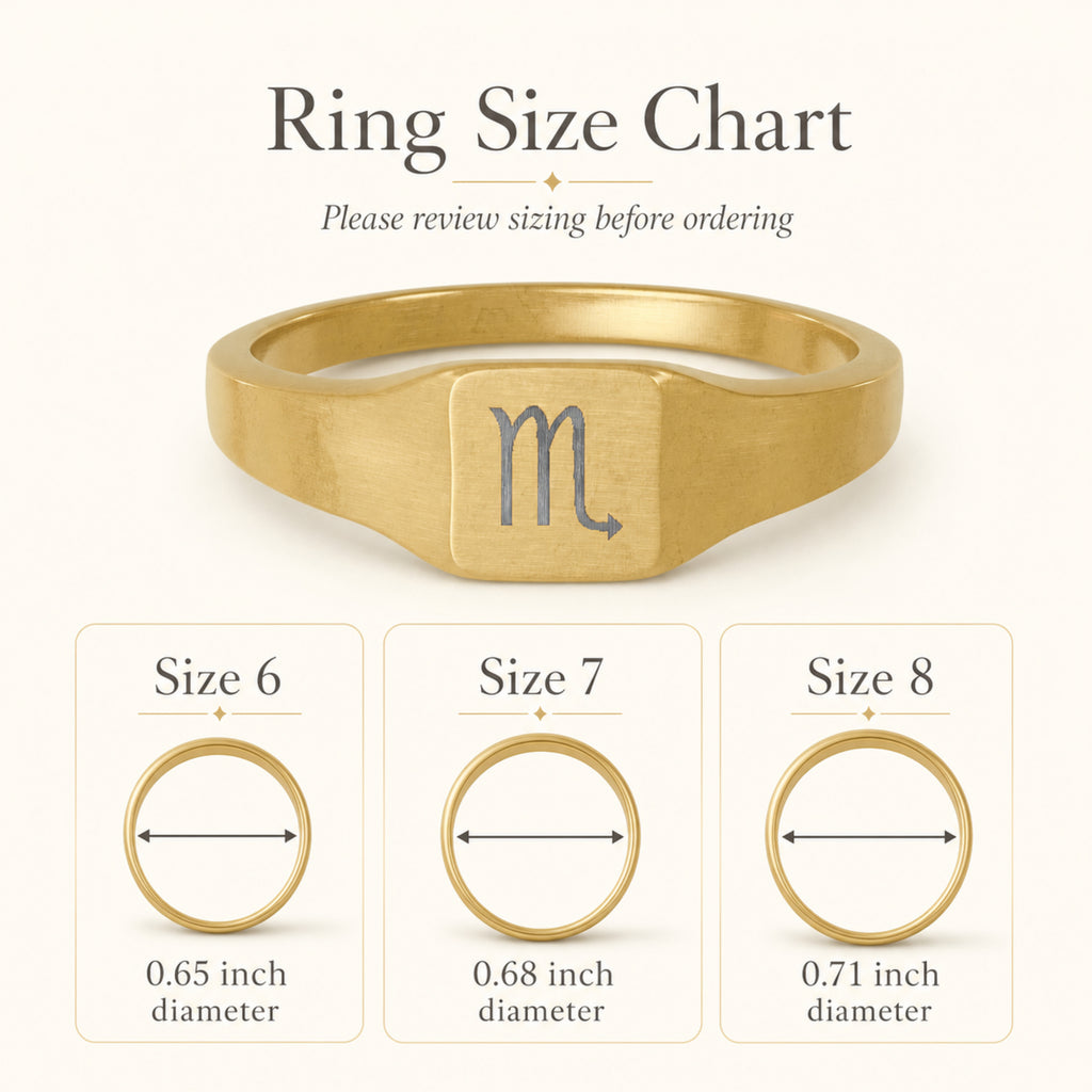Scorpio zodiac square signet ring size chart — sizes 6, 7, 8 with 0.65/0.68/0.71 inch diameter reference