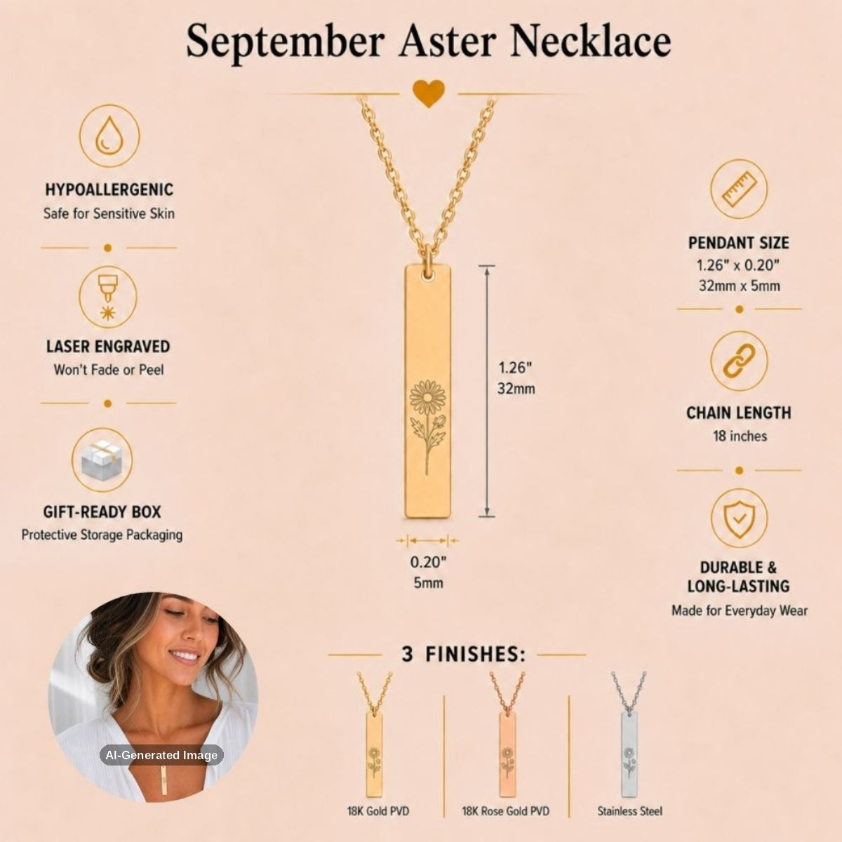 September birth flower necklace — Aster vertical bar pendant specs: 1.26" × 0.20" × 0.08" (32 × 5 × 2 mm), 18-inch chain, premium 316L stainless steel