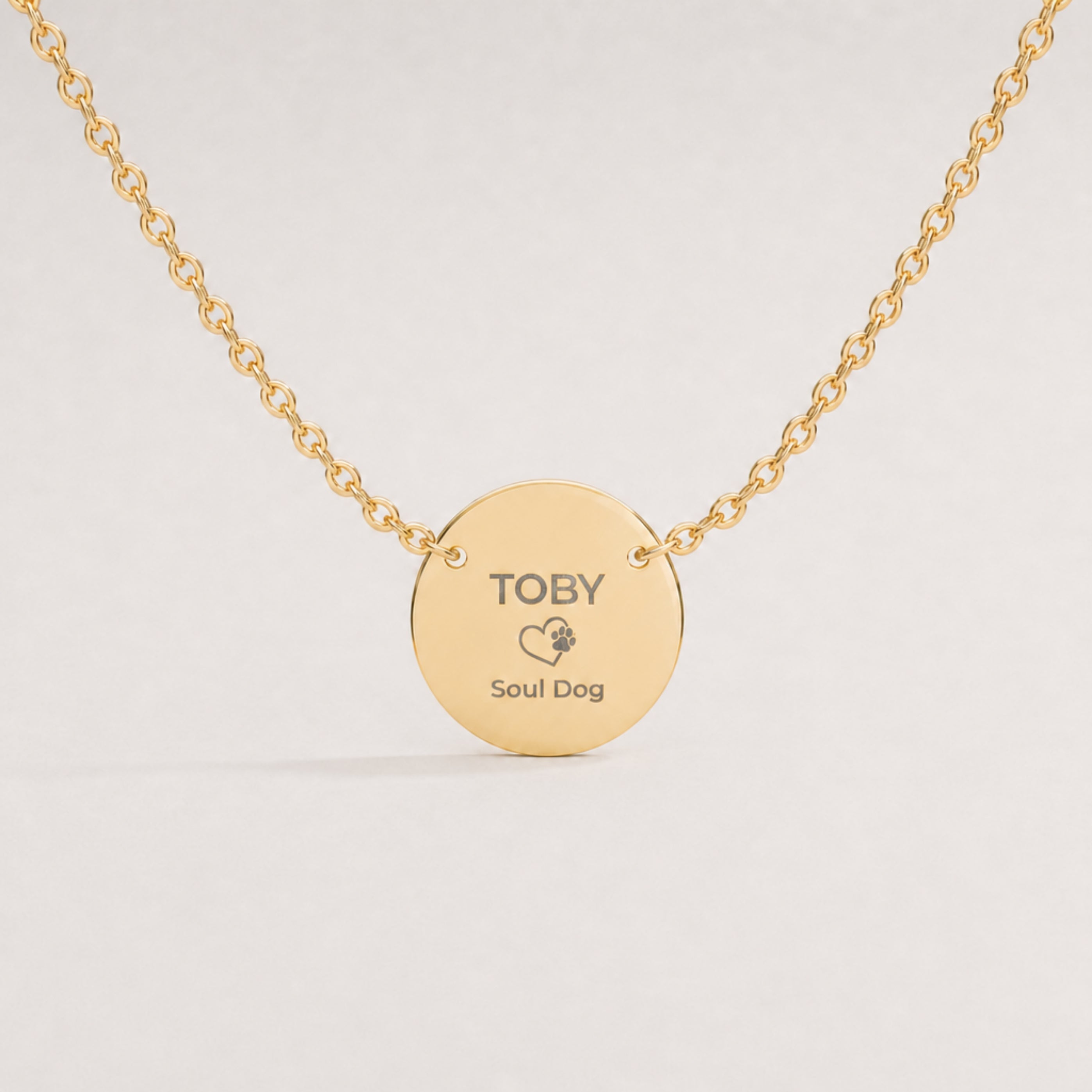 Memory That Lasts Soul Dog memorial necklace, gold finish, closeup macro with engraved pet name and heart paw print