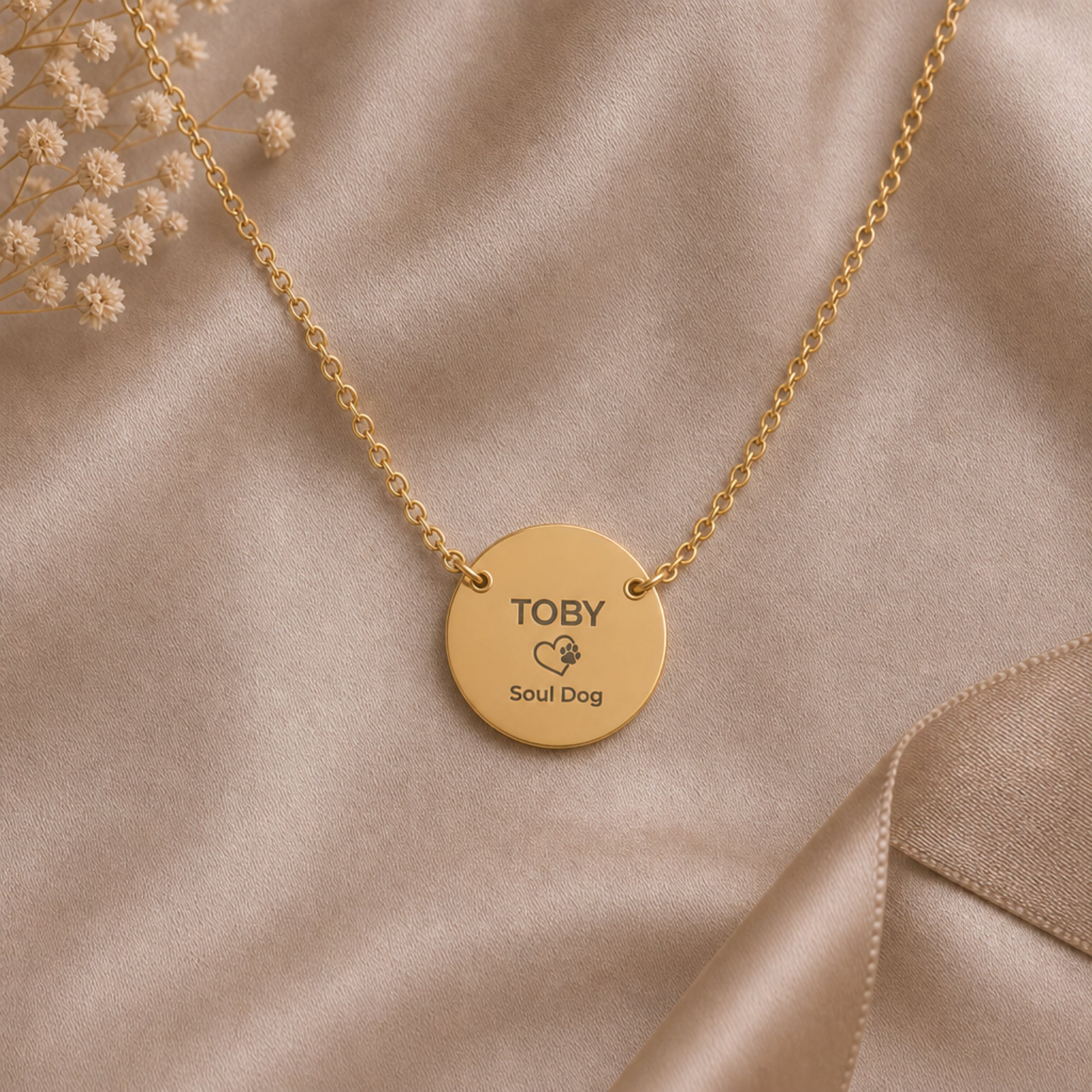 Memory That Lasts Soul Dog memorial necklace, gold finish, premium flatlay scene