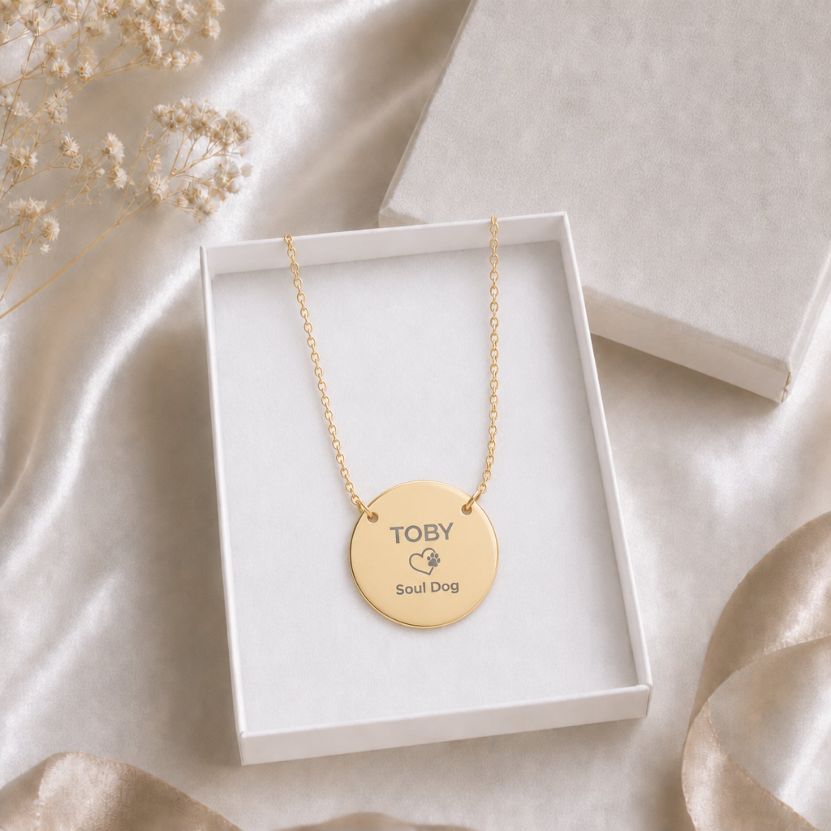 Memory That Lasts Soul Dog memorial necklace, gold finish, in premium white gift box with dried botanicals