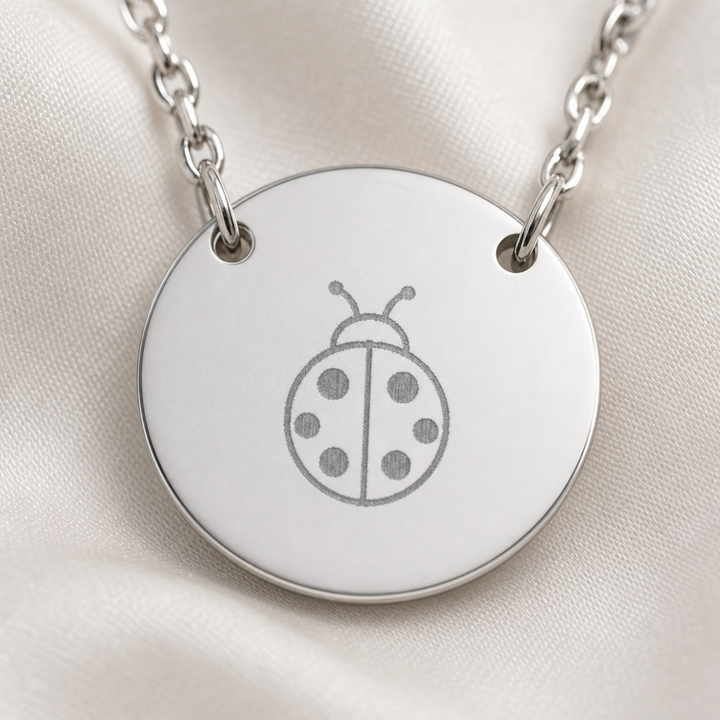 Dainty engraved ladybug coin necklace in stainless steel — laser-engraved ladybug on polished round pendant, clean editorial styling