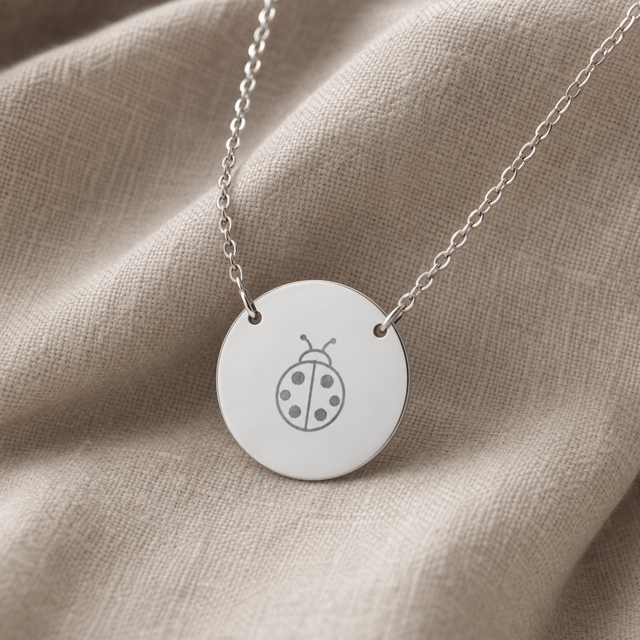 Dainty engraved ladybug coin necklace in stainless steel — laser-engraved ladybug on polished round pendant, clean editorial styling