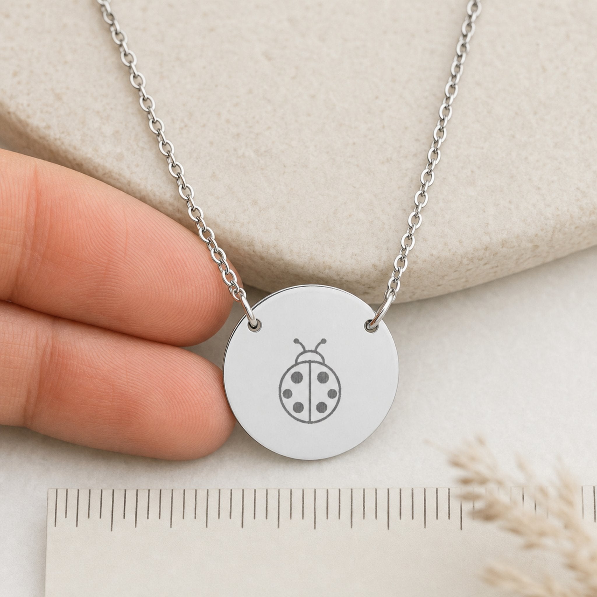 Dainty engraved ladybug coin necklace in stainless steel — laser-engraved ladybug on polished round pendant, clean editorial styling