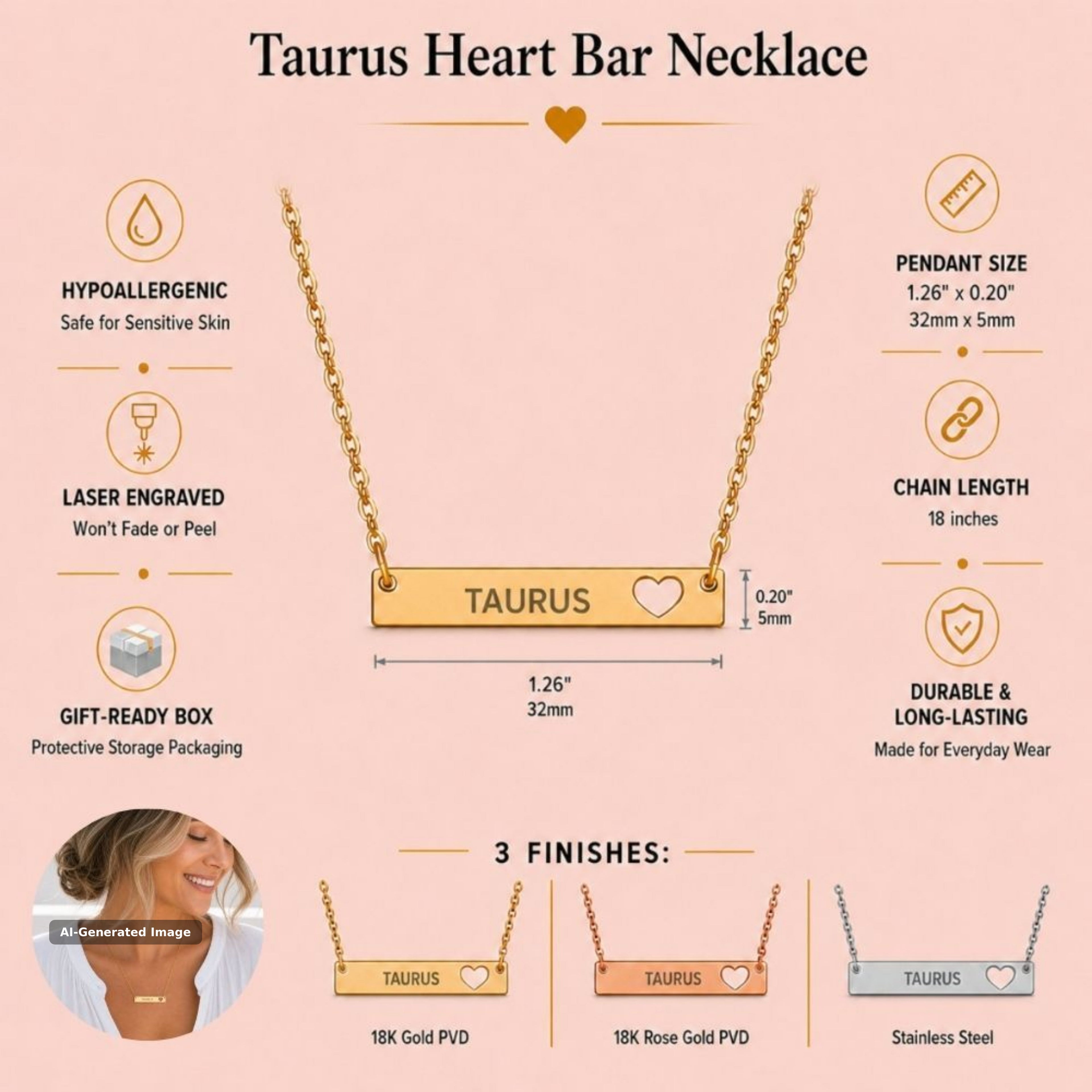 Taurus zodiac necklace detail — 32mm cutout heart bar specifications, 18K Gold polished finish, grey laser-etched TAURUS, 316L stainless steel base, PVD coating (AI-generated image)