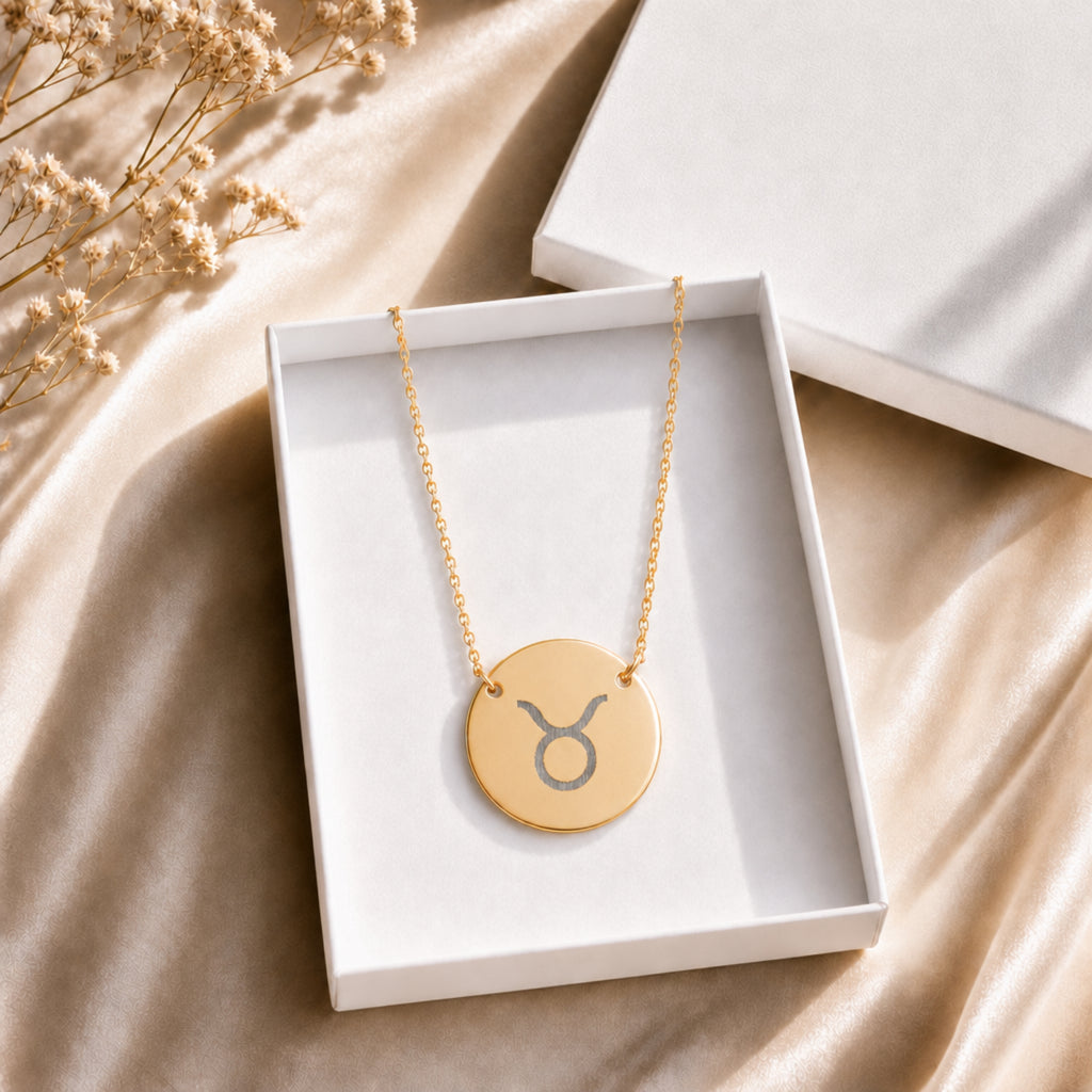 Taurus zodiac coin necklace presented in cream gift box, 18K gold pendant ready to give