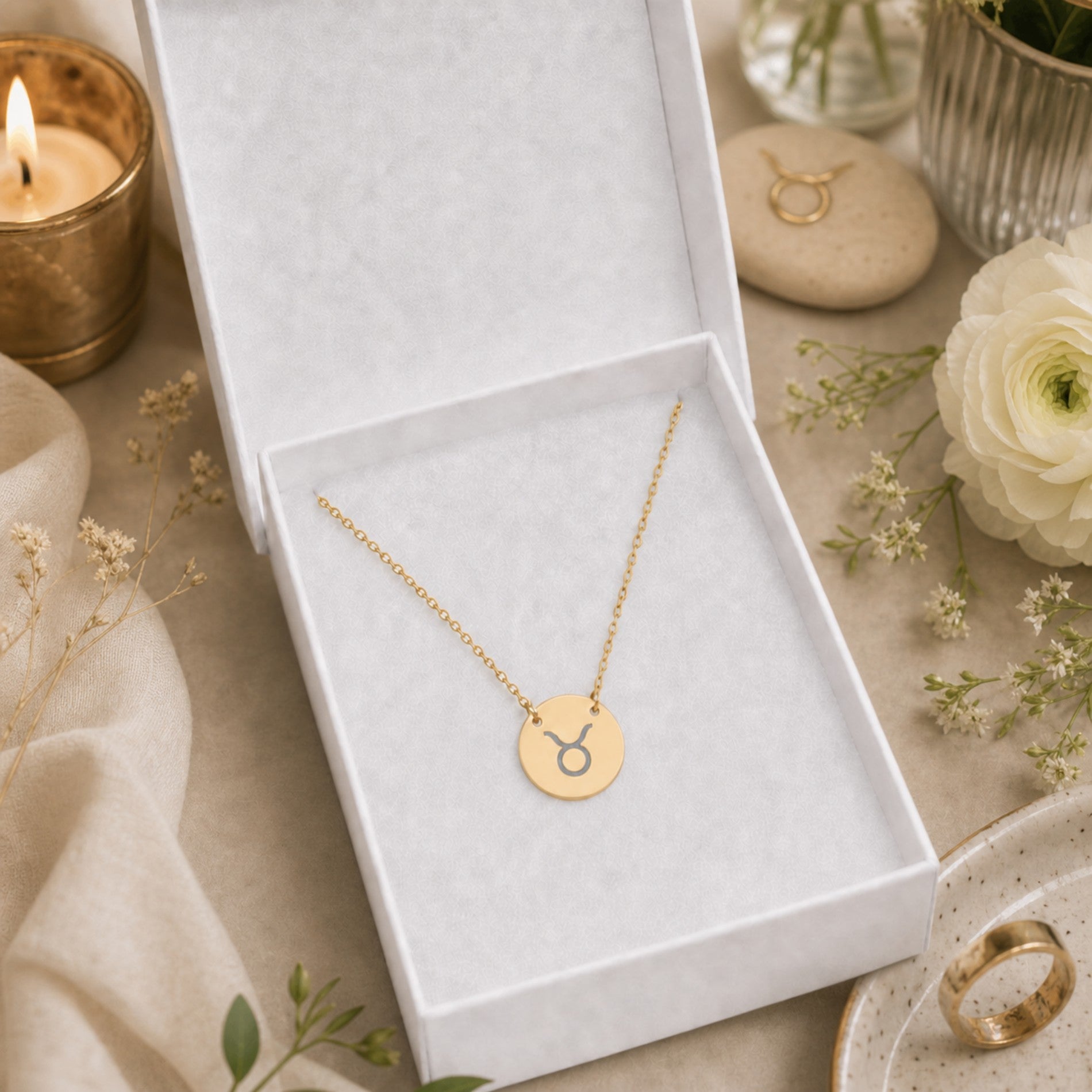 Taurus zodiac coin necklace presented in a luxe gift box — ready to give (AI-generated image). Memory That Lasts.