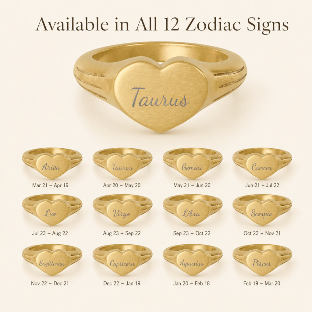 Taurus zodiac heart signet ring — available in all 12 zodiac signs, variant grid with date ranges