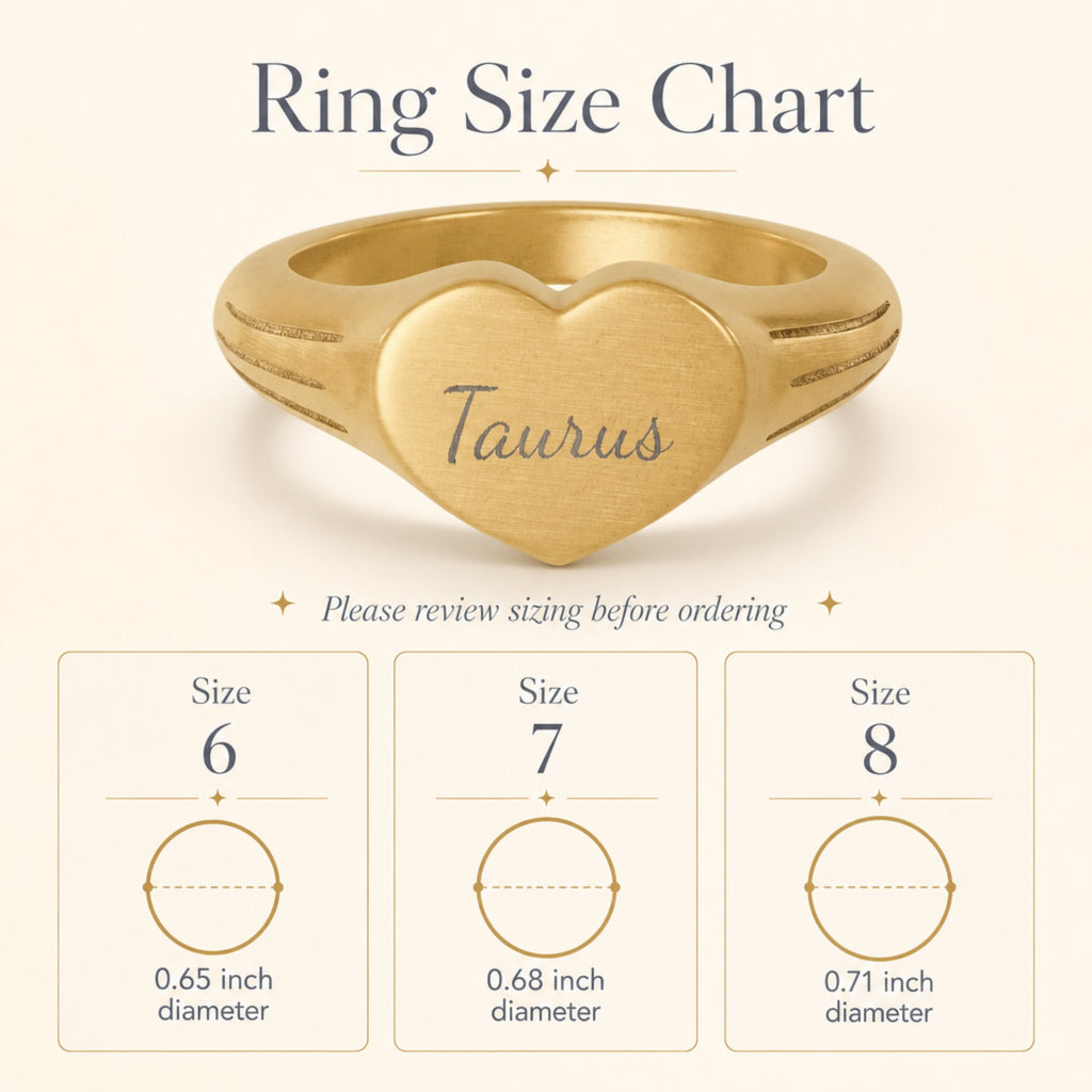 Taurus zodiac heart signet ring size chart — sizes 6, 7, 8 with 0.65/0.68/0.71 inch diameter reference