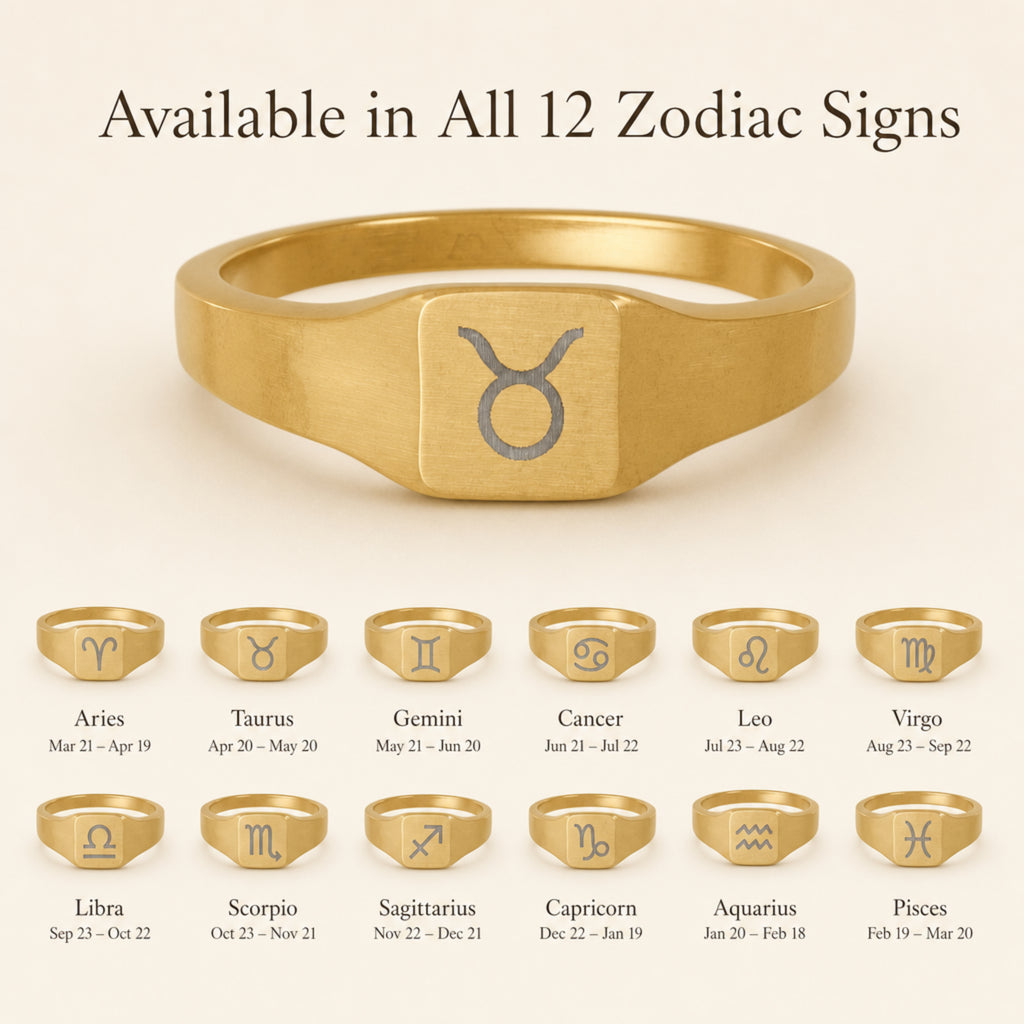 Taurus zodiac square signet ring — available in all 12 zodiac signs, variant grid with date ranges