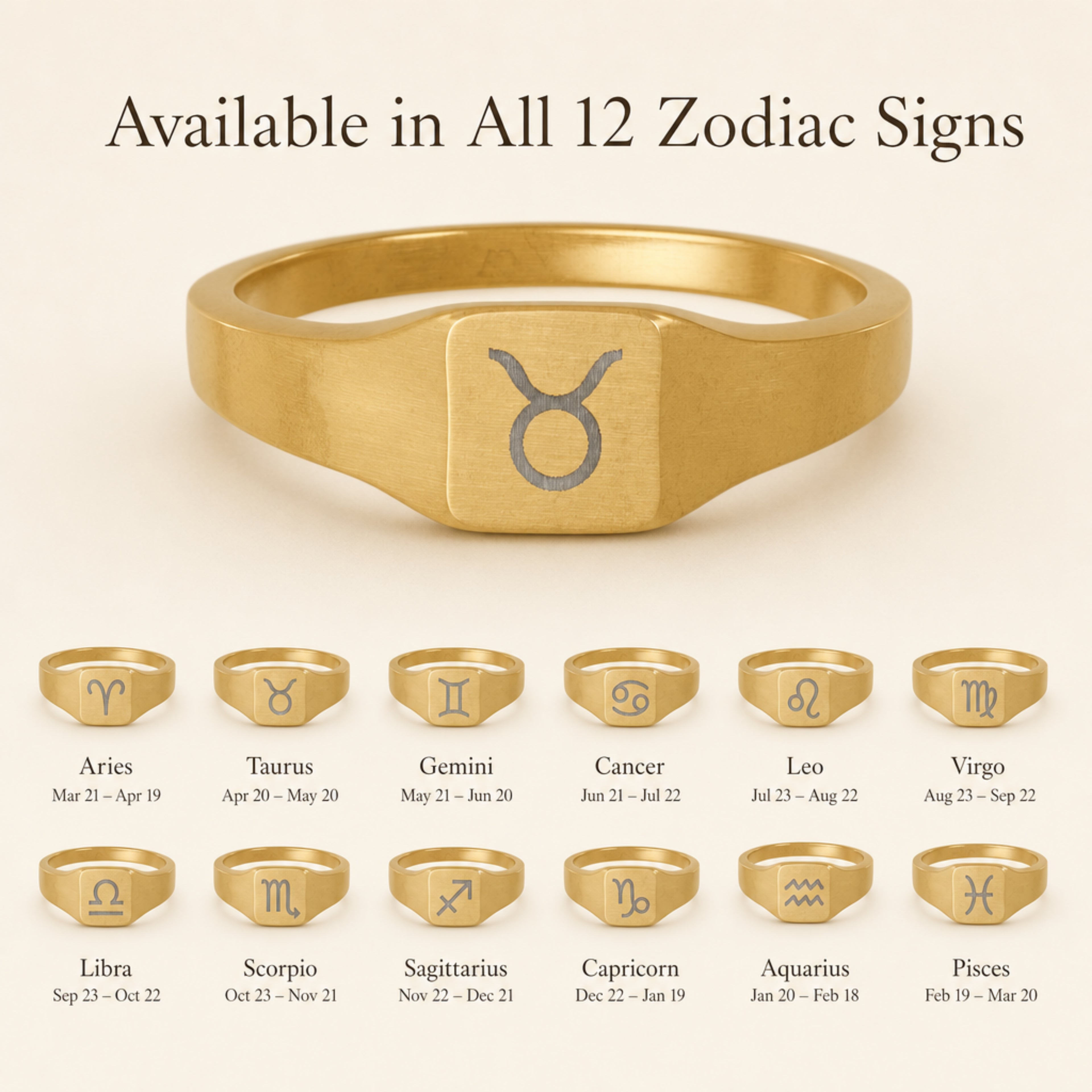 Taurus zodiac square signet ring — available in all 12 zodiac signs, variant grid with date ranges