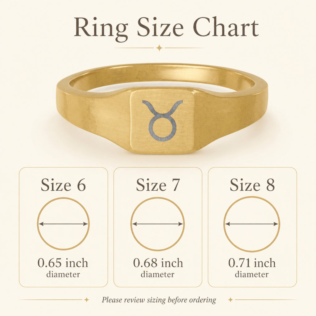 Taurus zodiac square signet ring size chart — sizes 6, 7, 8 with 0.65/0.68/0.71 inch diameter reference
