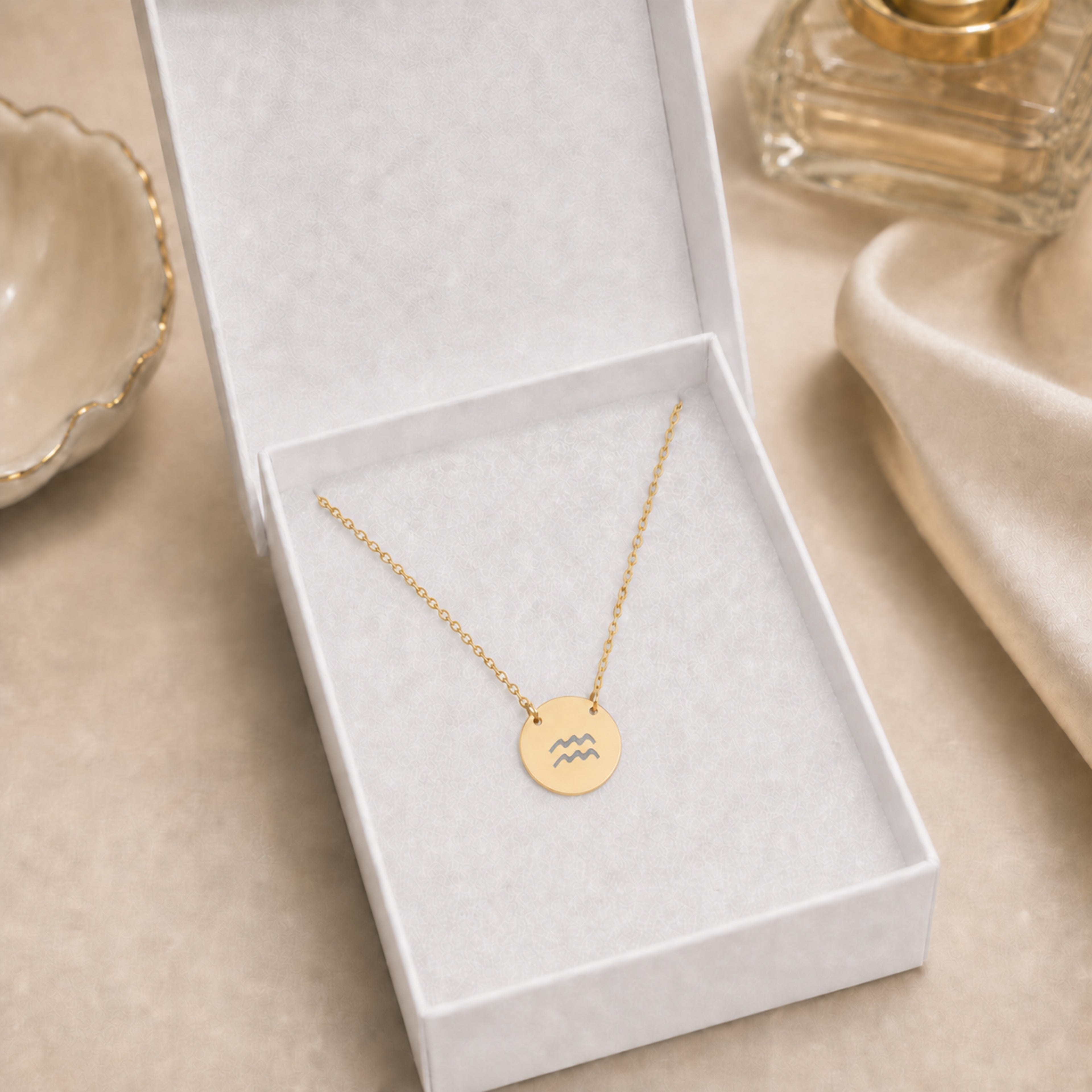 Aquarius zodiac coin necklace in signature gift box - 18K gold engraved Aquarius pendant ready to gift, premium packaging (AI-generated image)