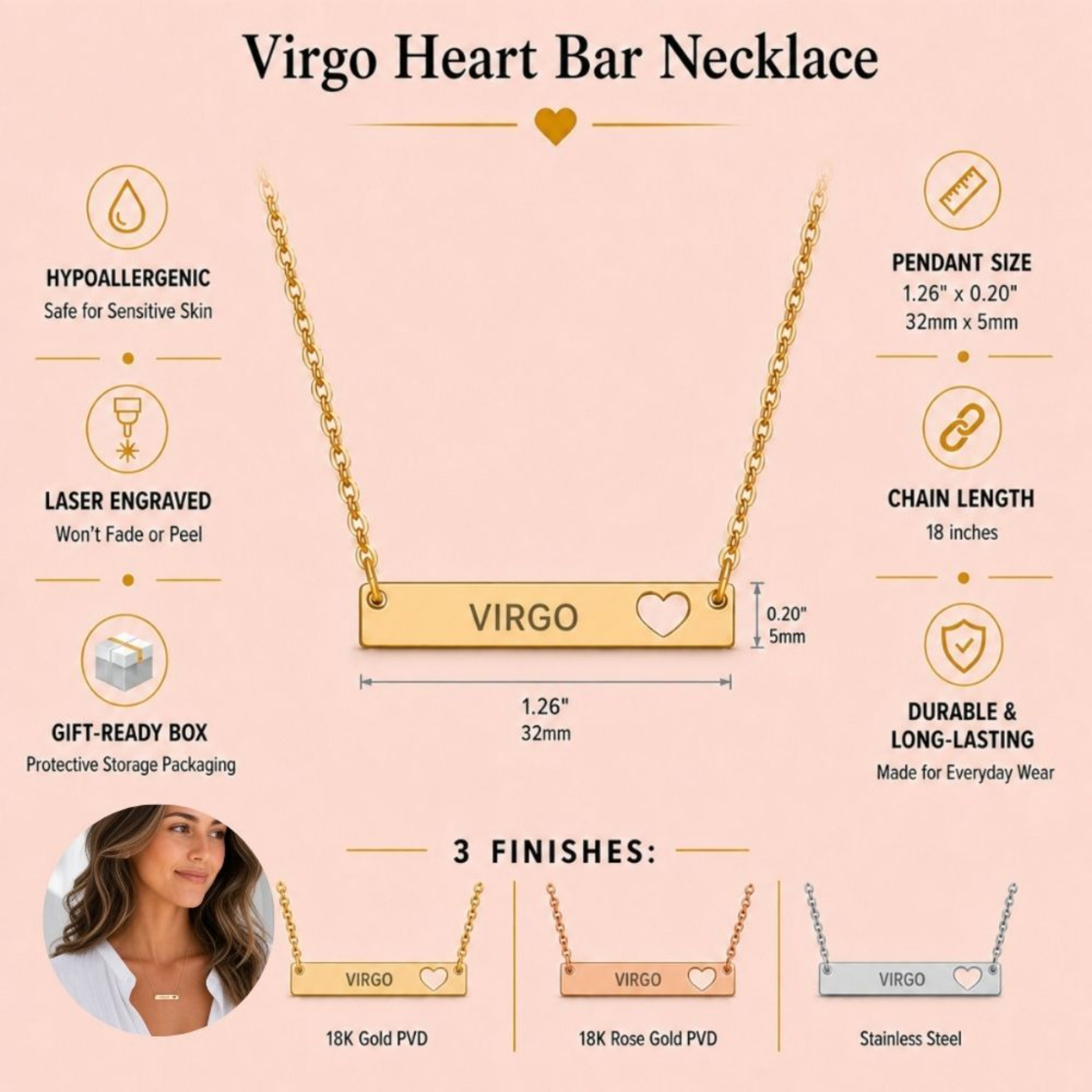 Virgo zodiac necklace specifications — 32mm x 5mm cutout heart bar, 18-inch chain, hypoallergenic laser-engraved VIRGO, shown in 18K Gold, Rose Gold and Stainless Steel finishes