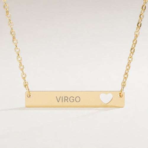 Virgo Zodiac Necklace — Engraved Cutout Heart Bar Pendant