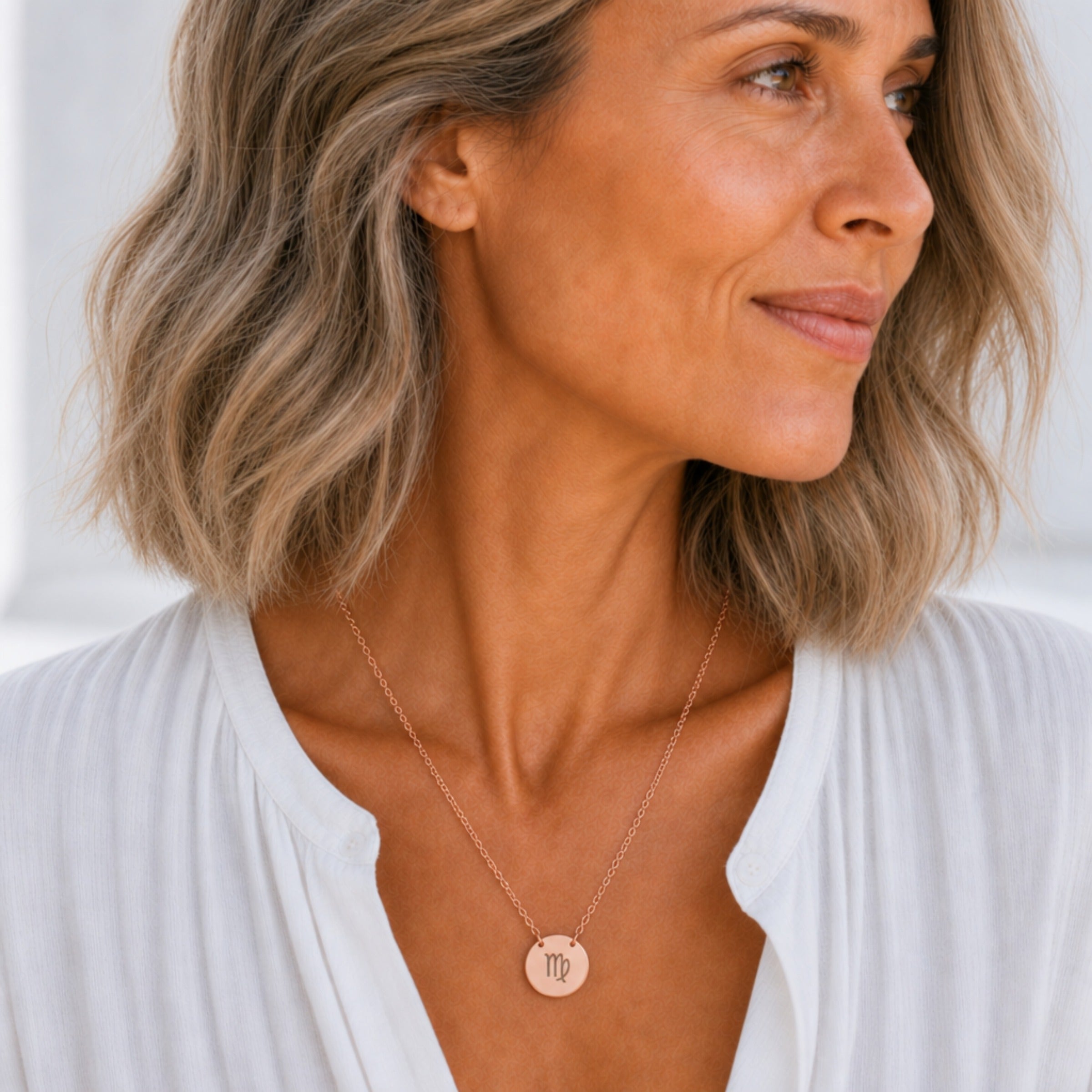 Virgo zodiac coin necklace in 18K rose gold worn on model — engraved Virgo Maiden pendant, rose gold layering necklace, personalized birthday gift for Virgo