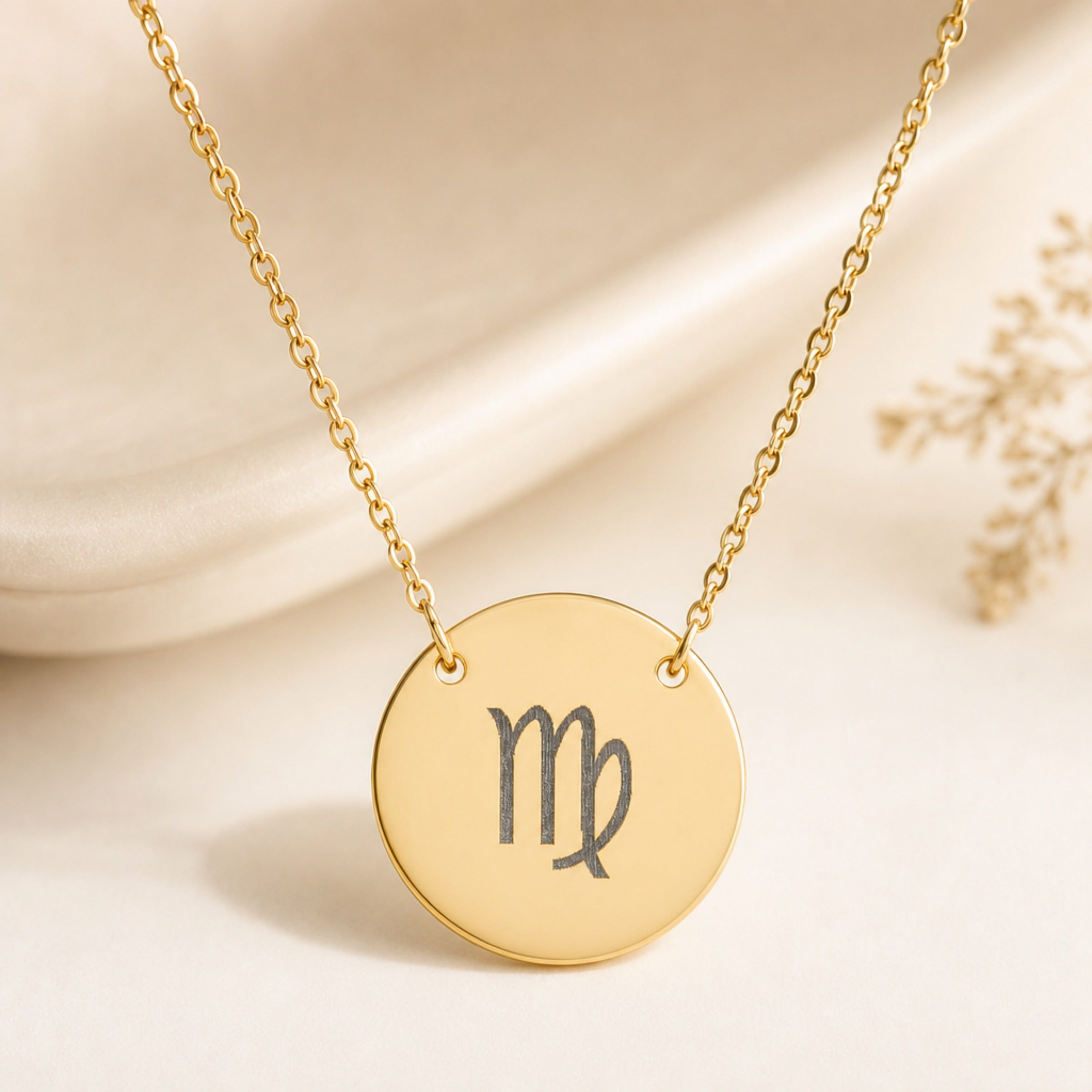 Virgo Coin Gold zodiac necklace flatlay — 18K gold pendant engraved with Virgo Maiden star sign on cream silk, premium personalized astrology necklace gift for September birthday, Virgo woman, mother, daughter