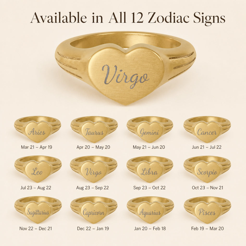 Virgo zodiac heart signet ring — available in all 12 zodiac signs, variant grid with date ranges
