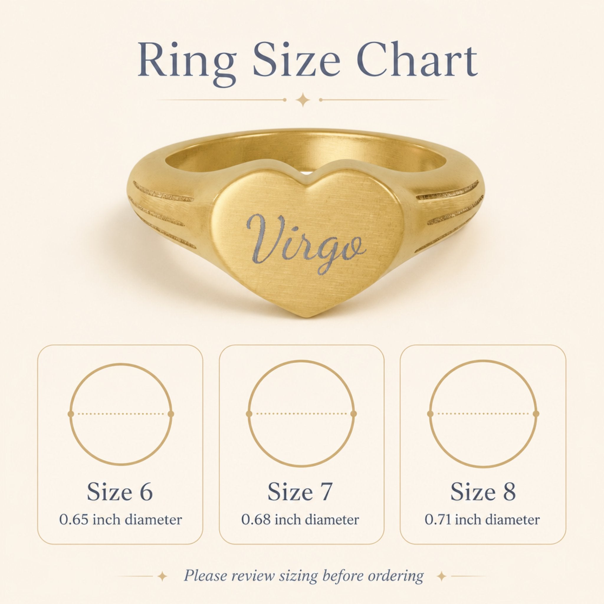 Virgo zodiac heart signet ring size chart — sizes 6, 7, 8 with 0.65/0.68/0.71 inch diameter reference