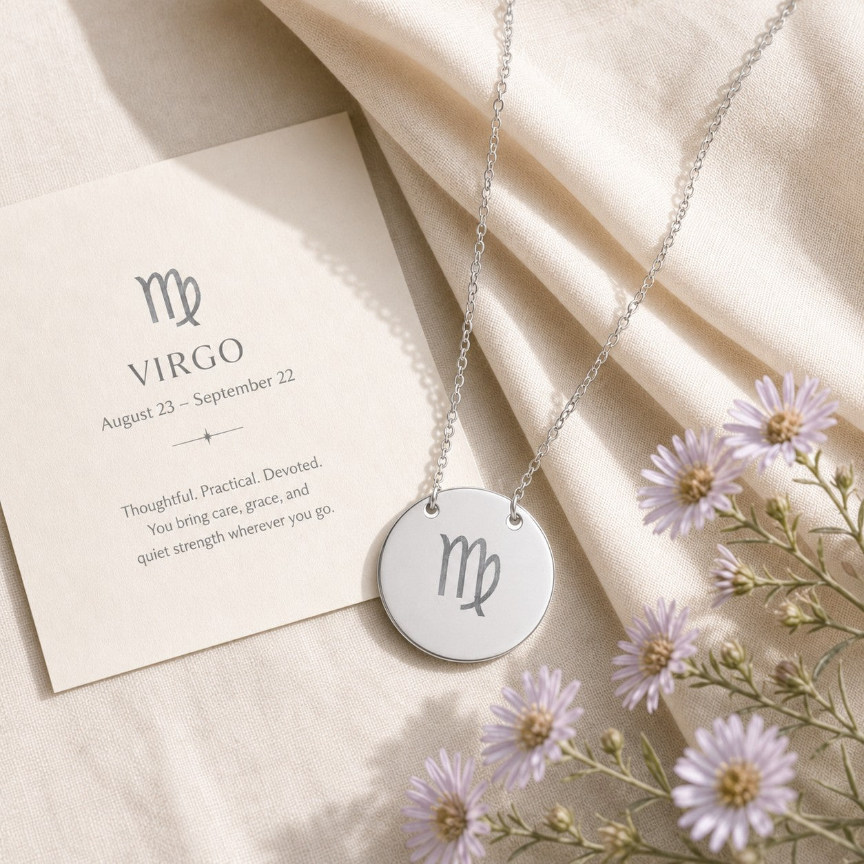 Virgo zodiac coin necklace — engraved star sign pendant. Memory That Lasts.