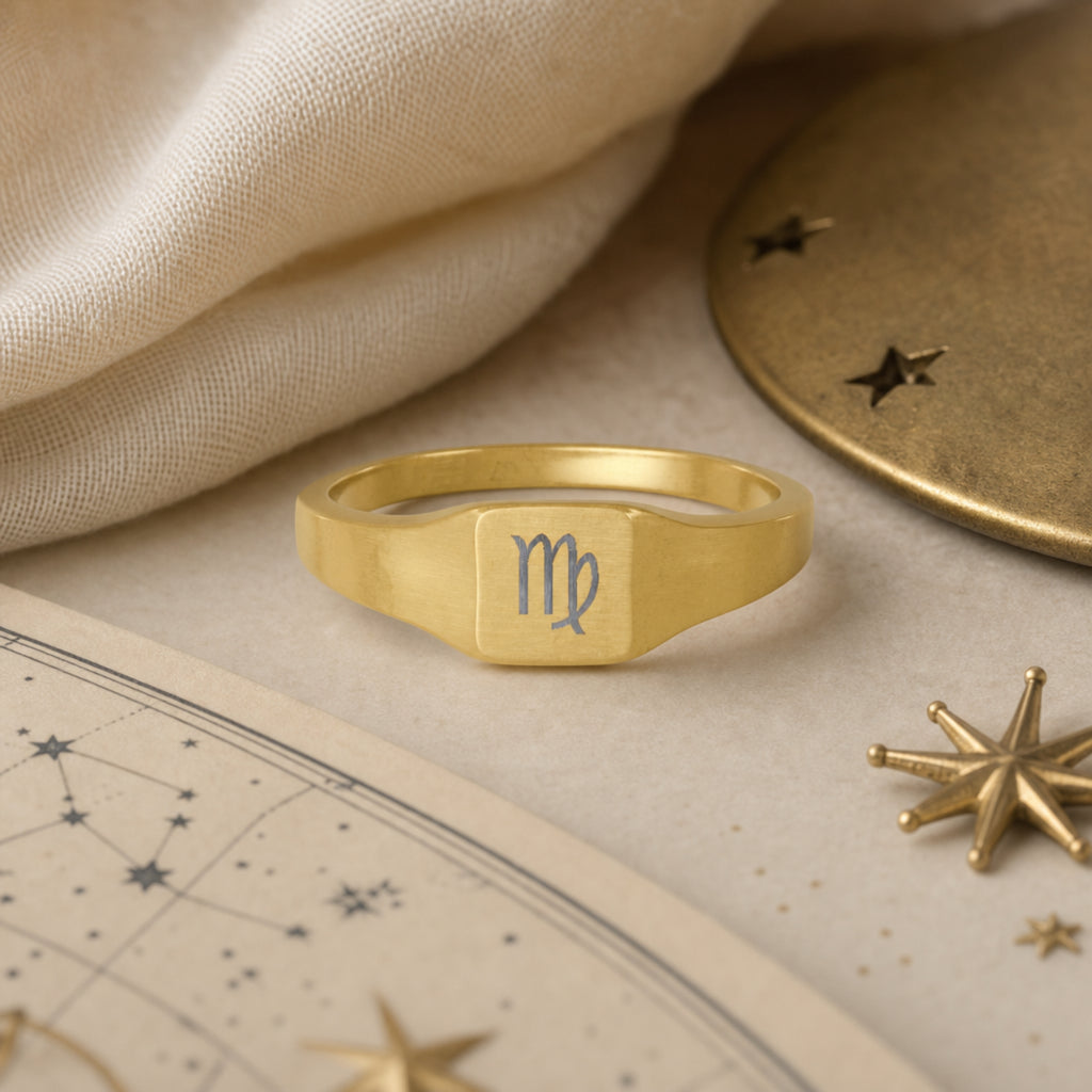 Virgo zodiac square signet ring celestial flatlay — zodiac chart and brass star with engraved Virgo signet, astrology gift styling