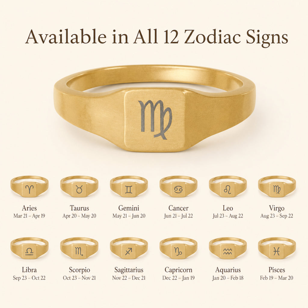 Virgo zodiac square signet ring — available in all 12 zodiac signs, variant grid with date ranges