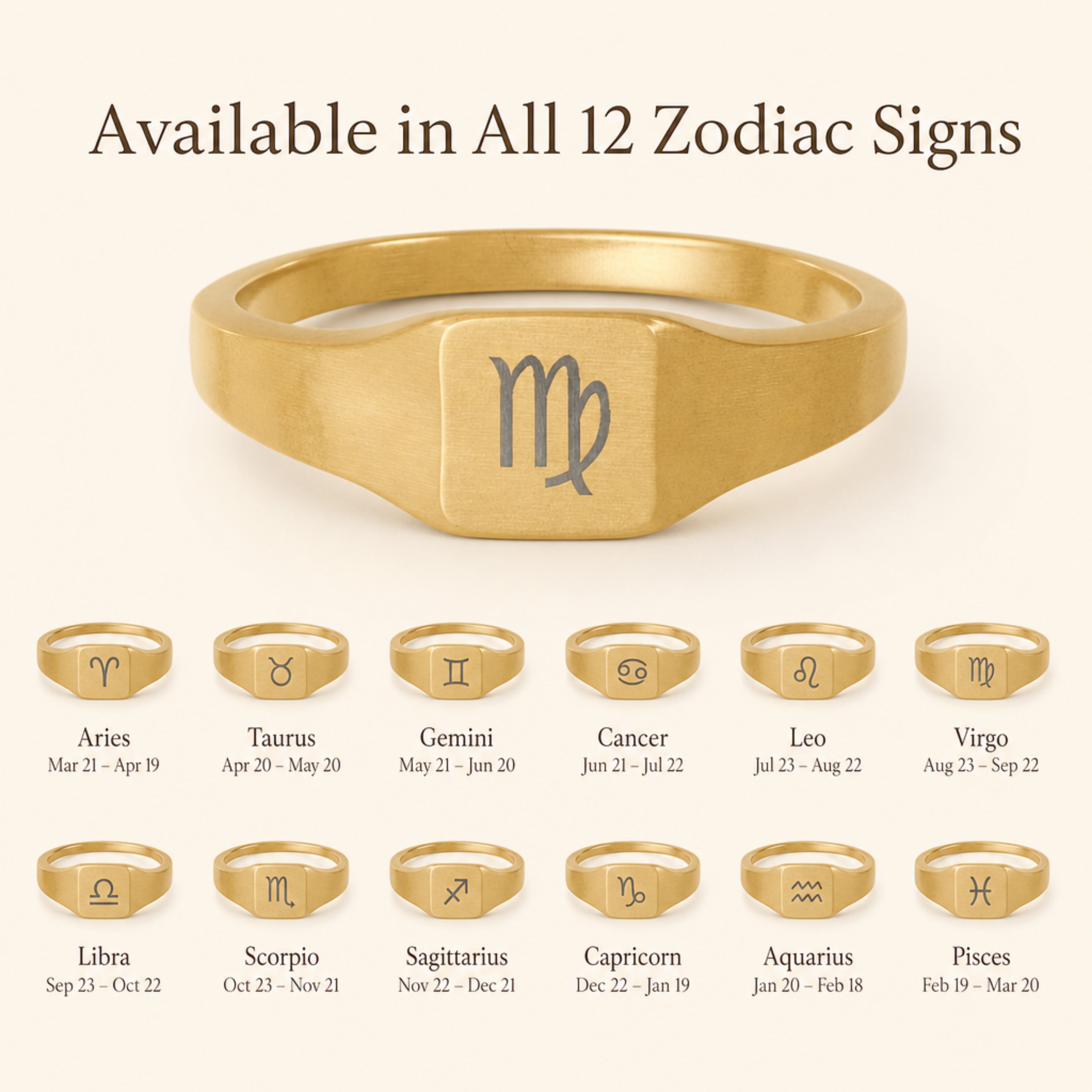 Virgo zodiac square signet ring — available in all 12 zodiac signs, variant grid with date ranges