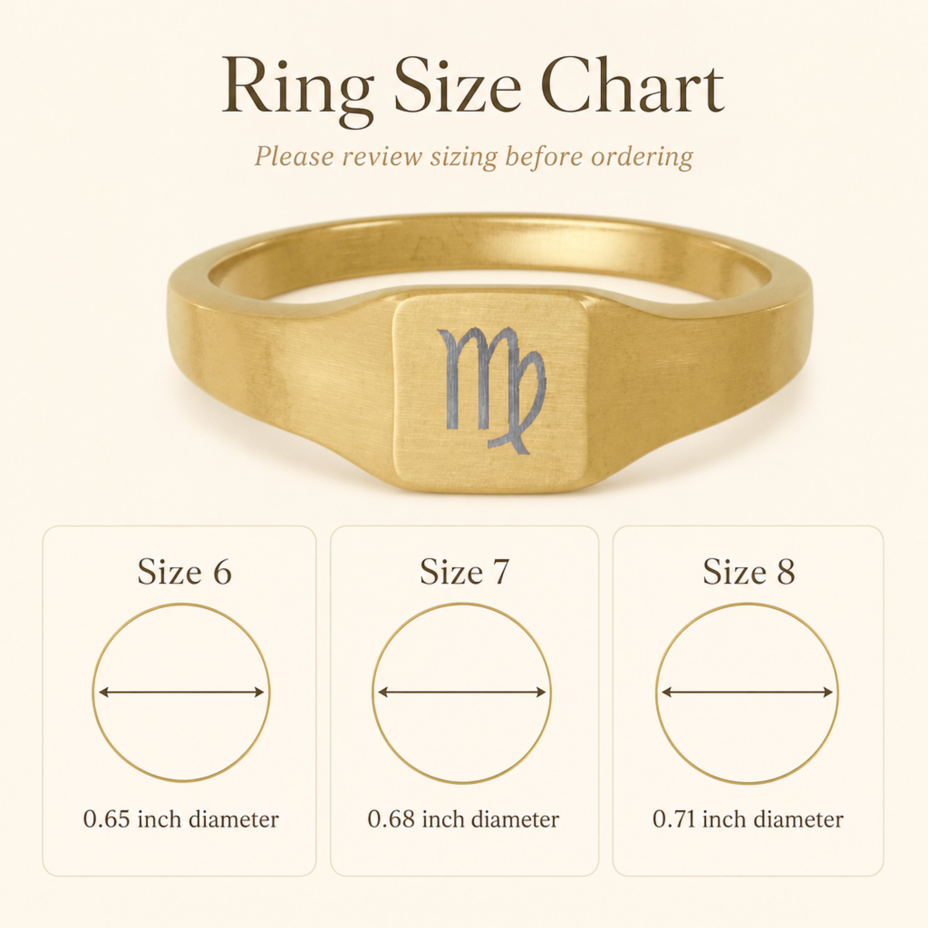 Virgo zodiac square signet ring size chart — sizes 6, 7, 8 with 0.65/0.68/0.71 inch diameter reference