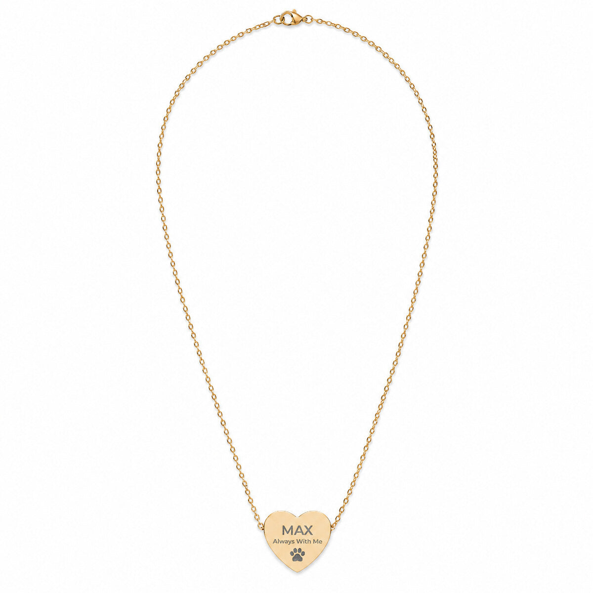 Always With Me heart necklace — pre-engraved paw print pendant, hero product photo