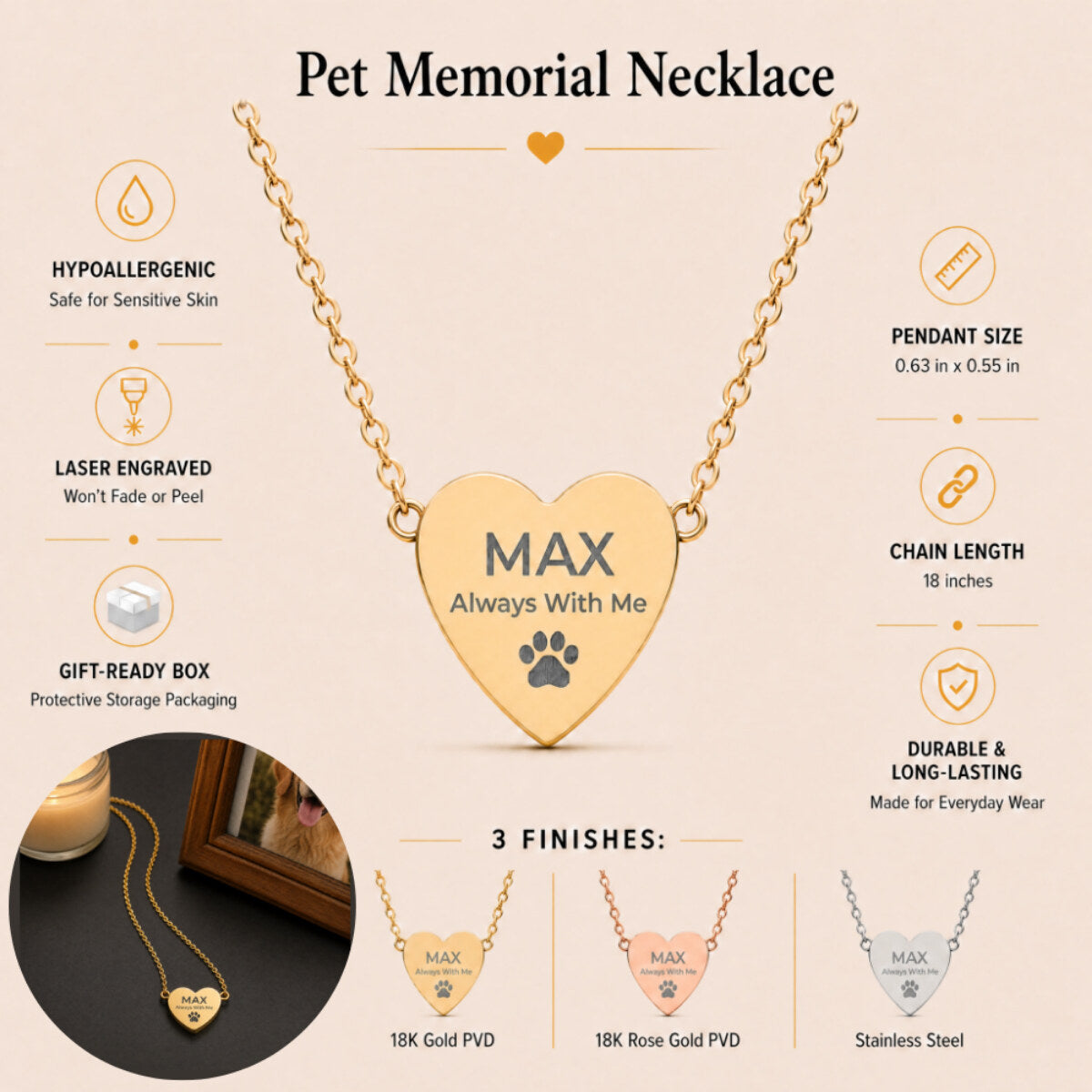 Always With Me heart necklace details: 316L stainless steel, hypoallergenic, laser engraved, 3 finishes available