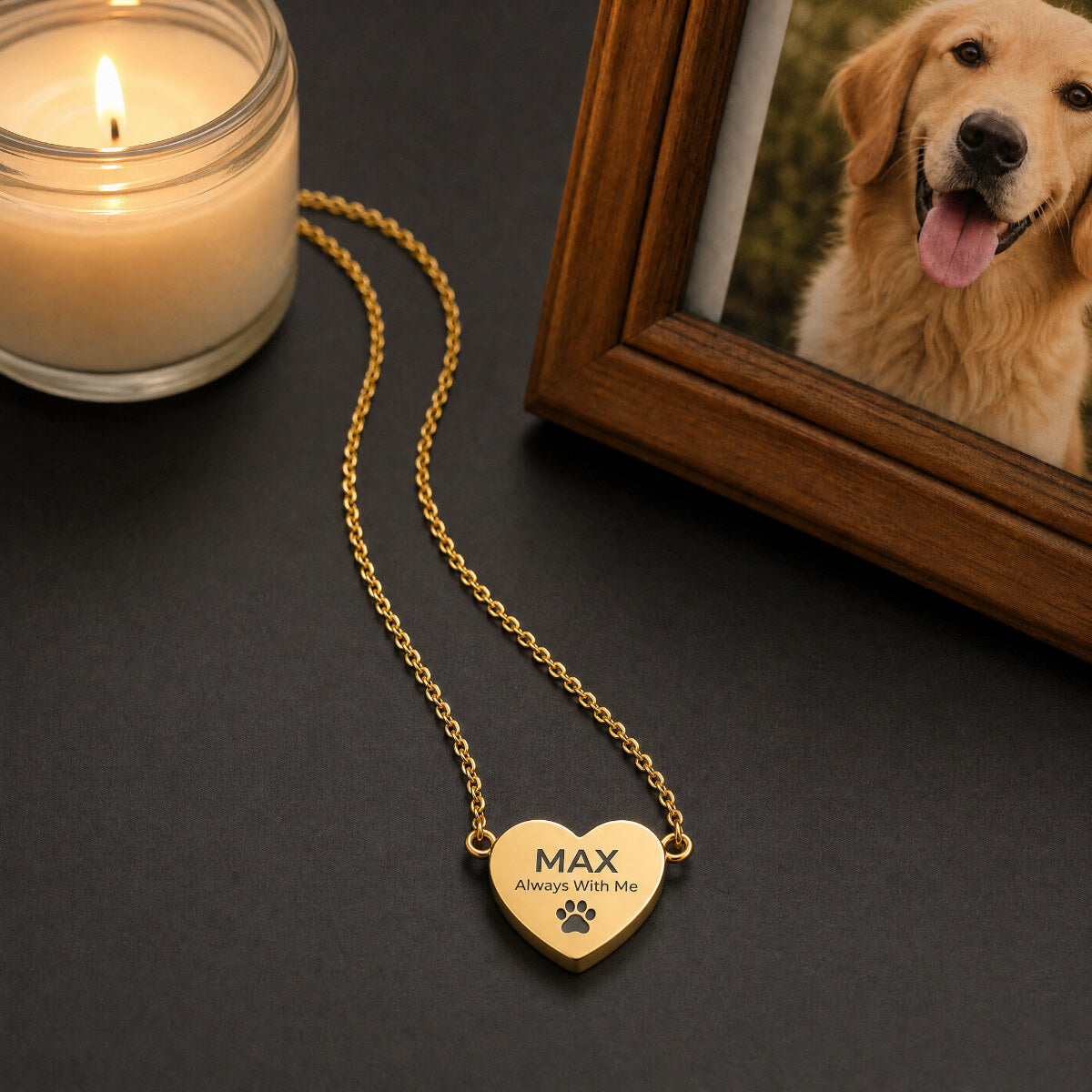 Always With Me memorial necklace lifestyle — beside a framed pet photo and candle