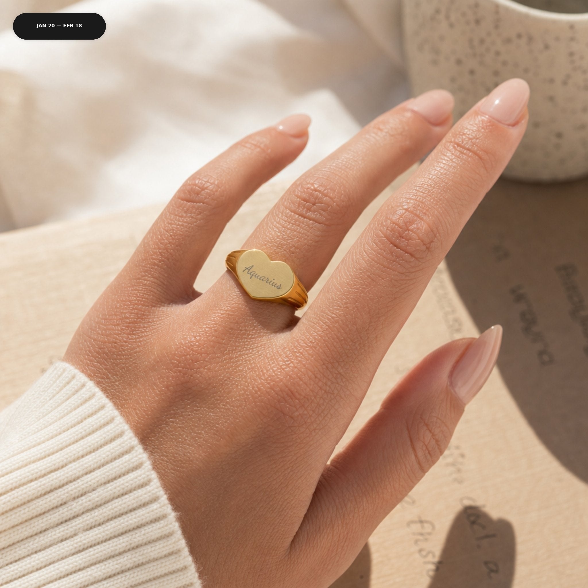 Aquarius Heart Signet Ring - zodiac engraved pendant with date range
