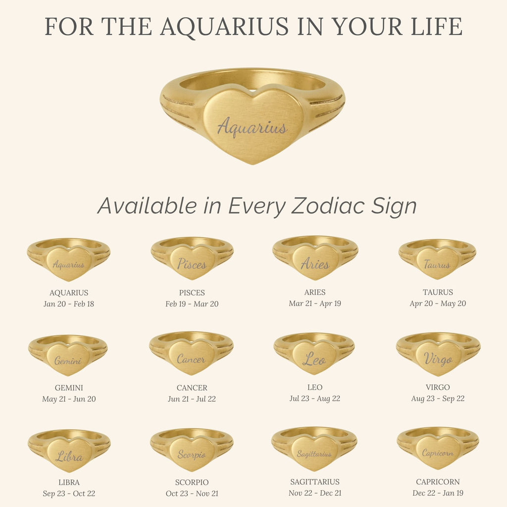 Aquarius Signet Ring, Aquarius Ring, Star Signet Ring, Heart Signet Ring