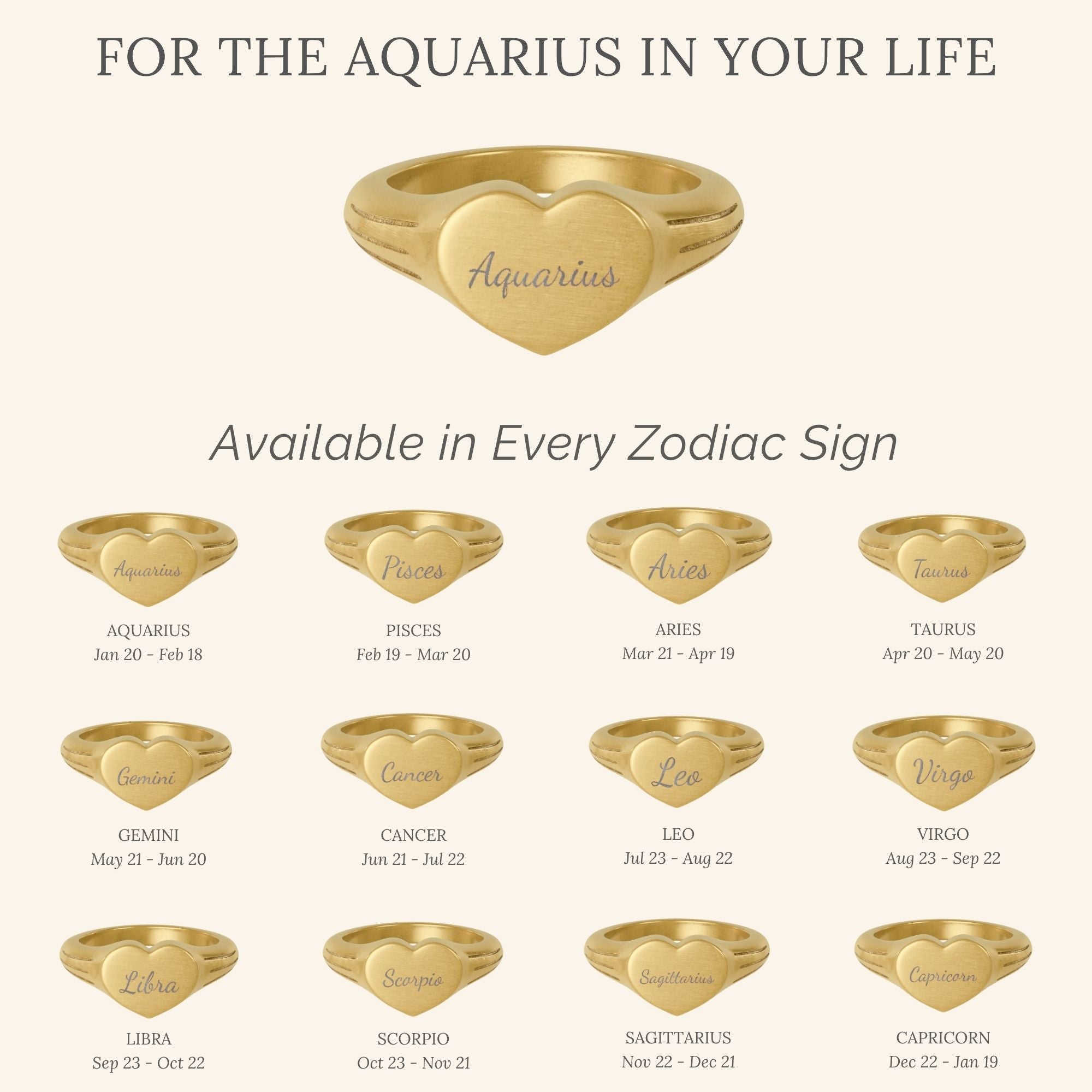 Aquarius Signet Ring, Aquarius Ring, Star Signet Ring, Heart Signet Ring