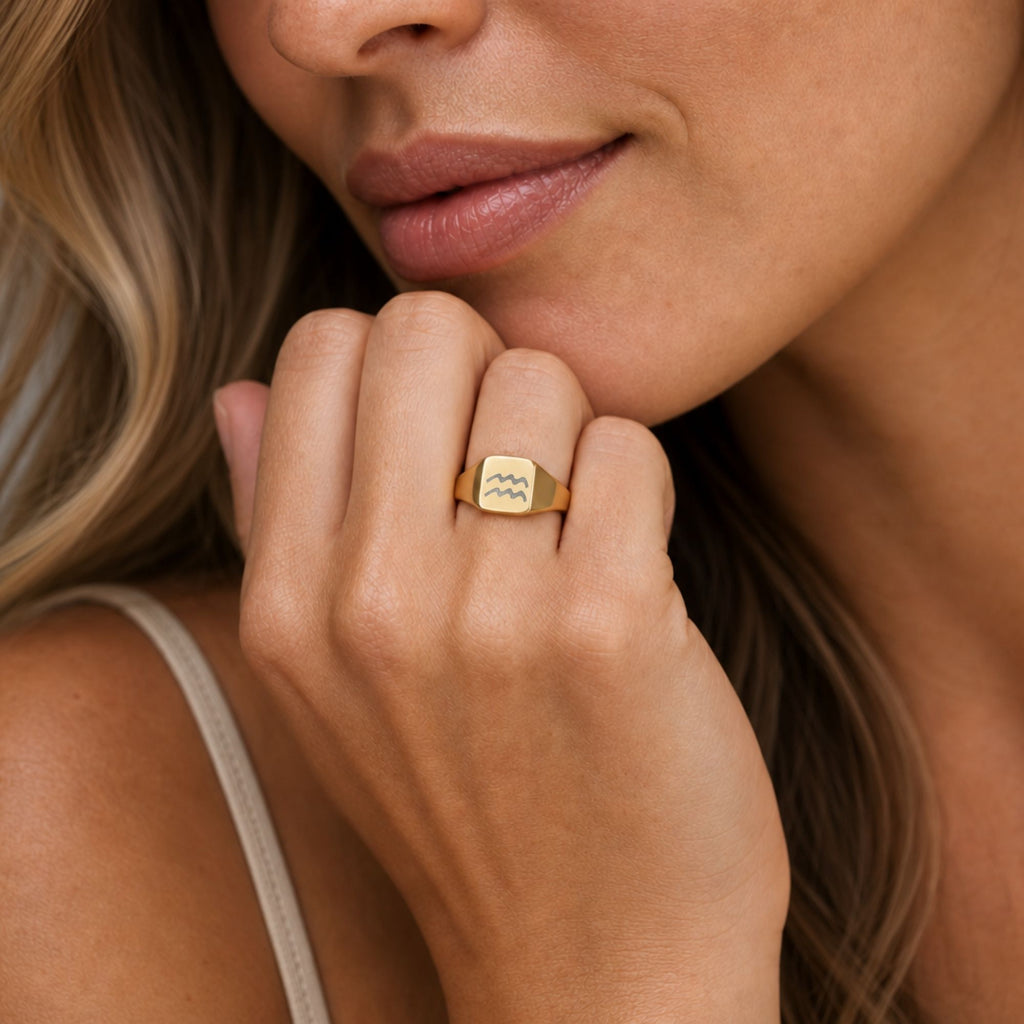 Aquarius Signet Ring, Aquarius Ring, Zodiac Signet Ring, Square Signet Ring