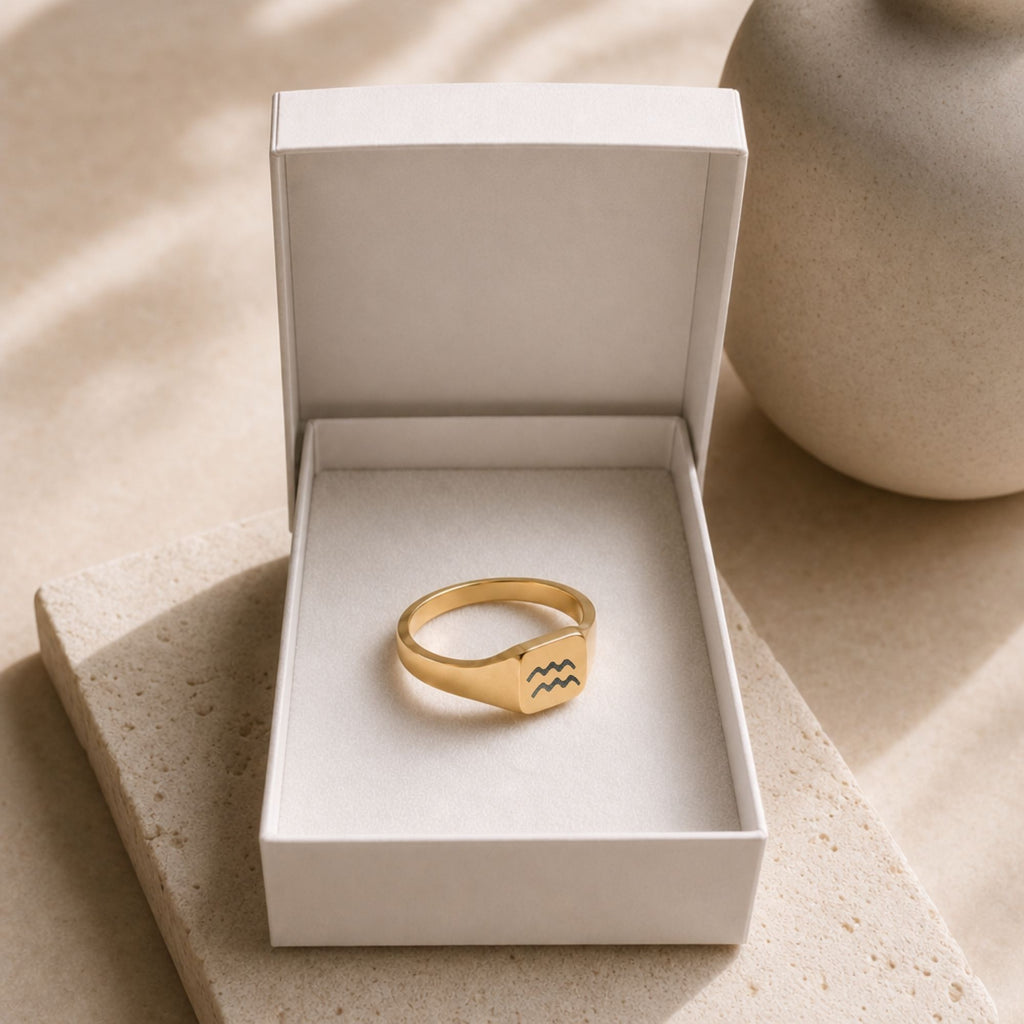 Aquarius Signet Ring, Aquarius Ring, Zodiac Signet Ring, Square Signet Ring