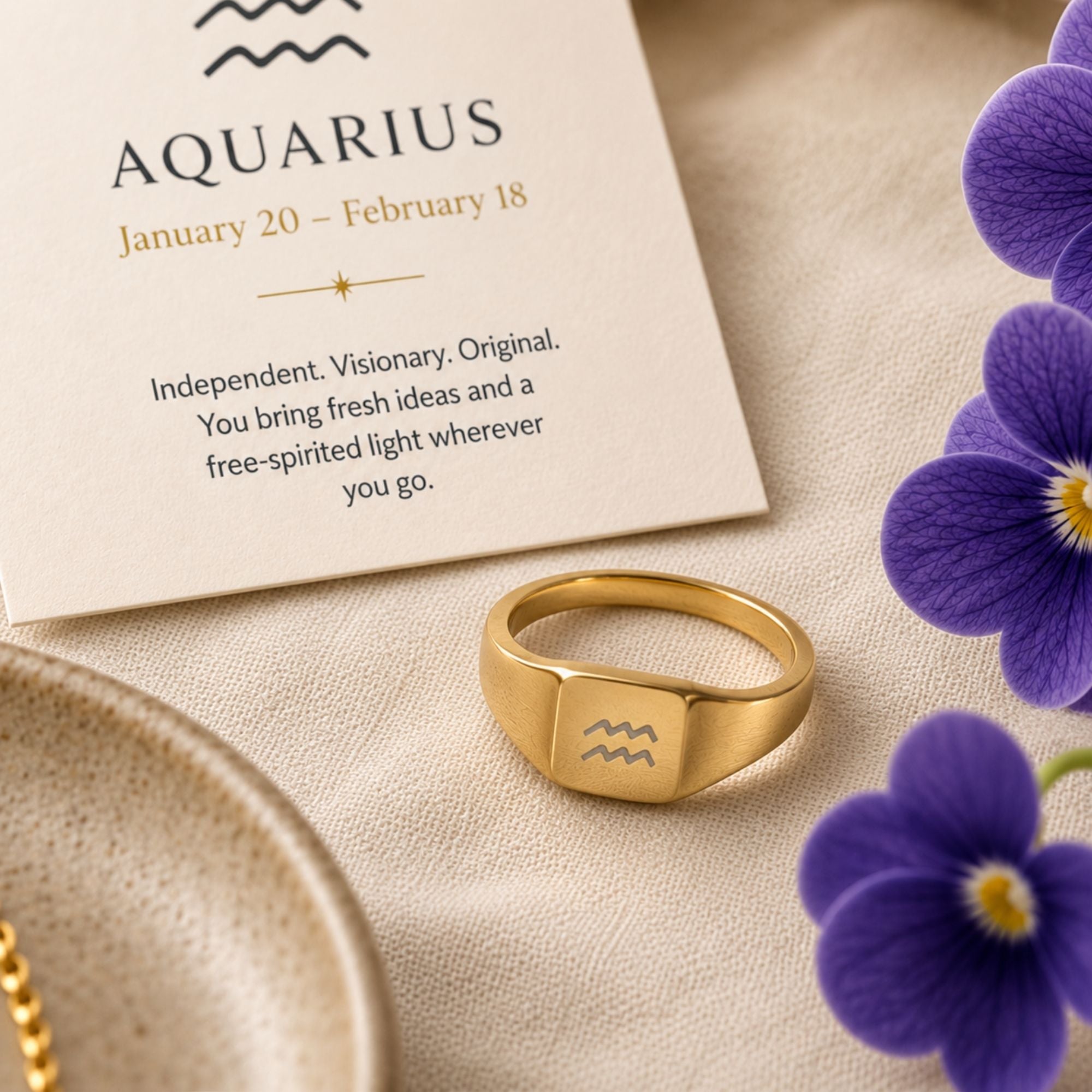 Aquarius Signet Ring, Aquarius Ring, Zodiac Signet Ring, Square Signet Ring